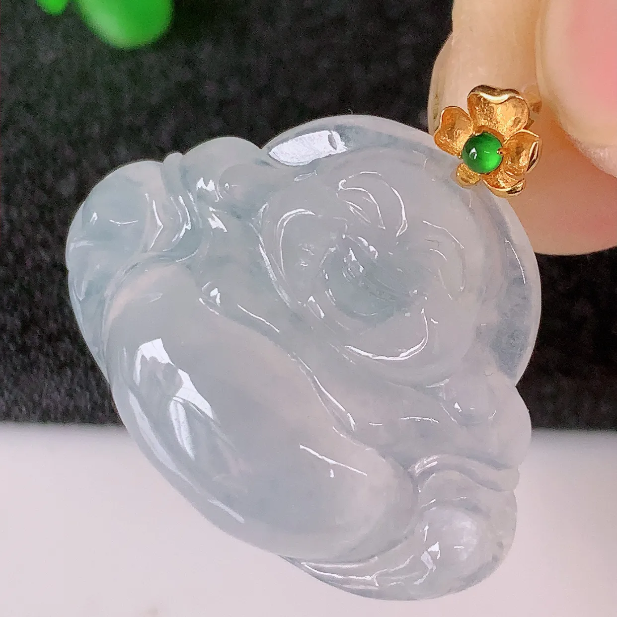 18K金镶嵌冰种翡翠佛公吊坠，玉笑佛，饱满，开脸喜庆，配戴优雅迷人！#49.17整体25.5裸石26