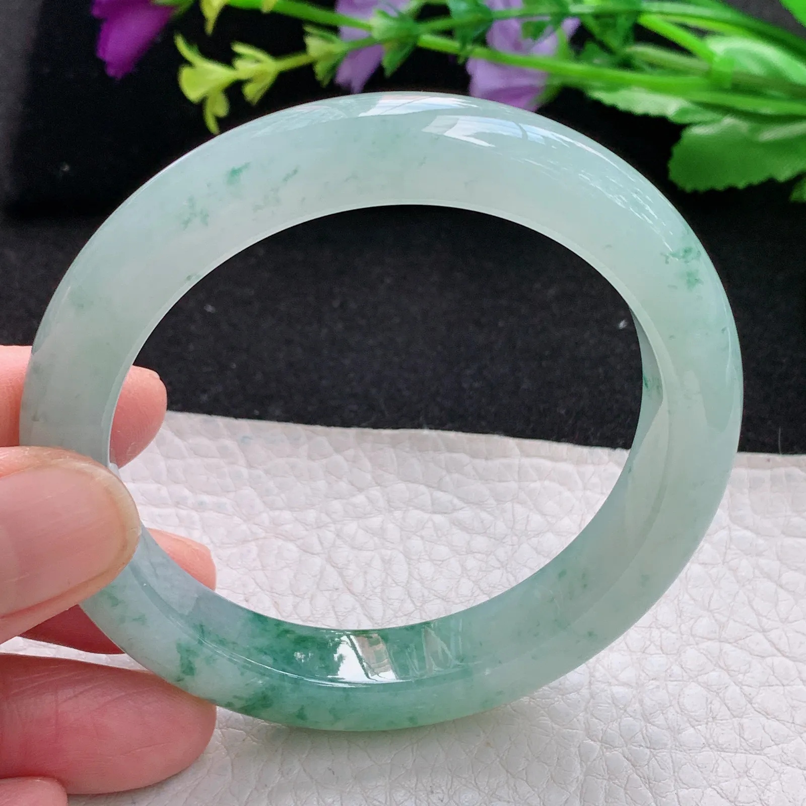 xh自然光56.5*11*9平安镯 缅甸翡翠a货玉手镯冰胶厚装飘花宽边玉手环