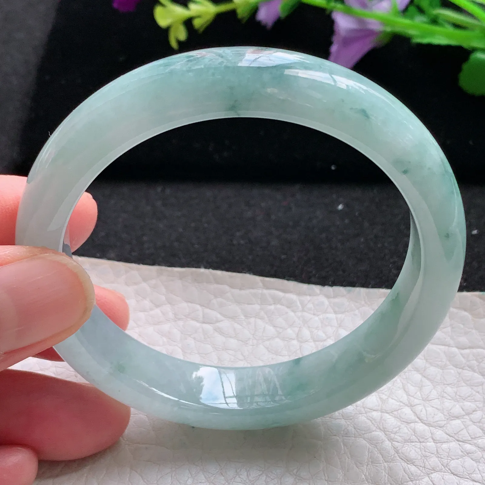 xx自然光56*13*7.7平安镯 缅甸翡翠a货玉手镯冰飘花厚装宽边玉手环