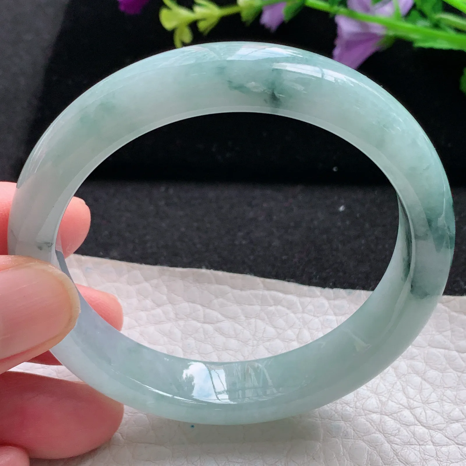 xx自然光56*13*7.7平安镯 缅甸翡翠a货玉手镯冰飘花厚装宽边玉手环