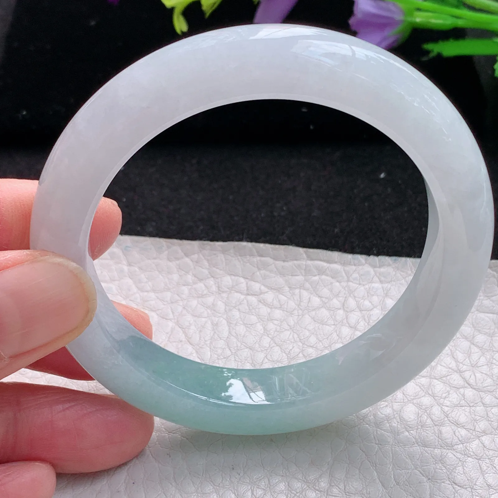 r自然光54.5*11.3*9平安镯 缅甸翡翠玉手镯冰胶蓝韵高档宽边玉手环 美人镯