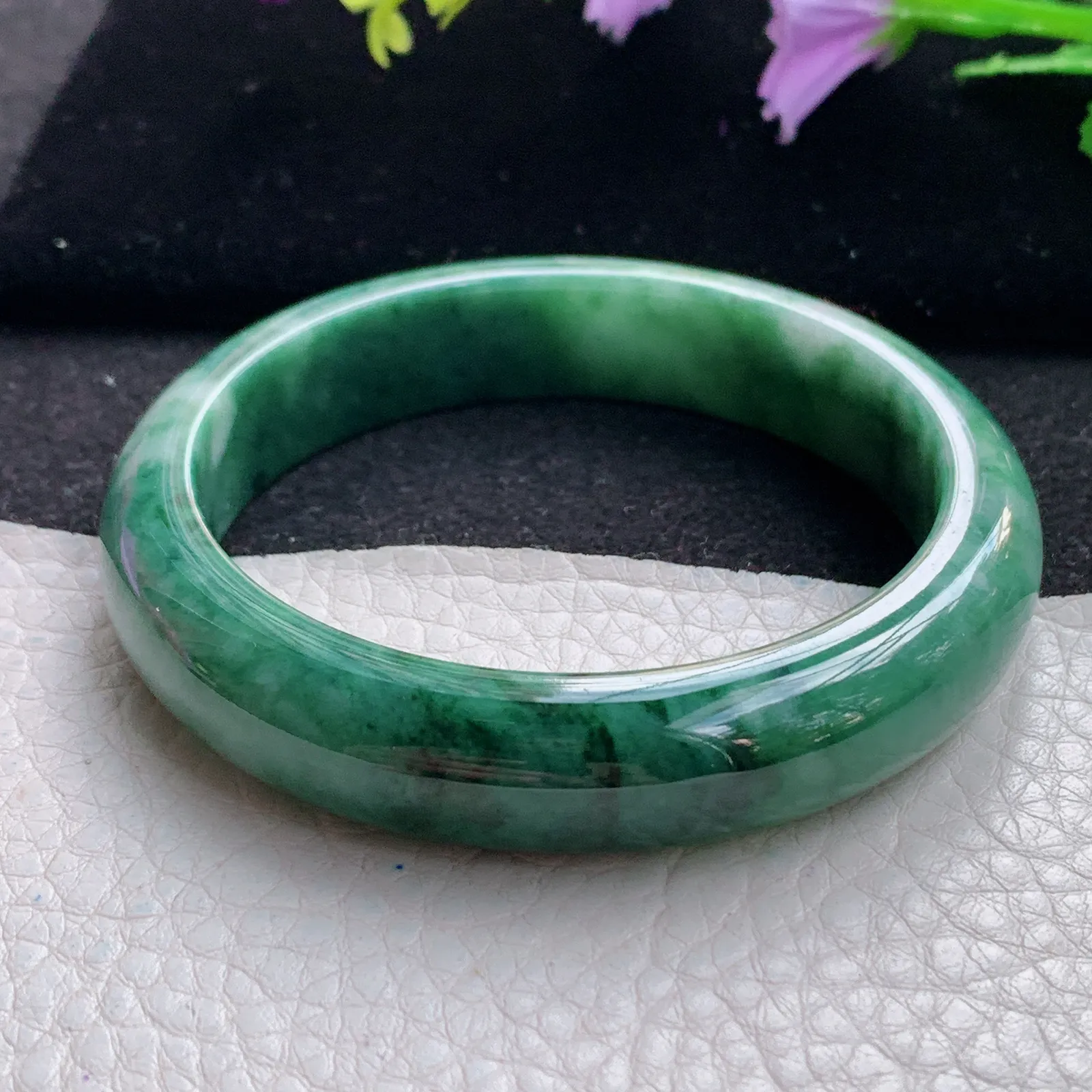 pj自然光57*12.6*7.8平安镯 缅甸翡翠a货玉手镯飘花韵味宽边玉手环