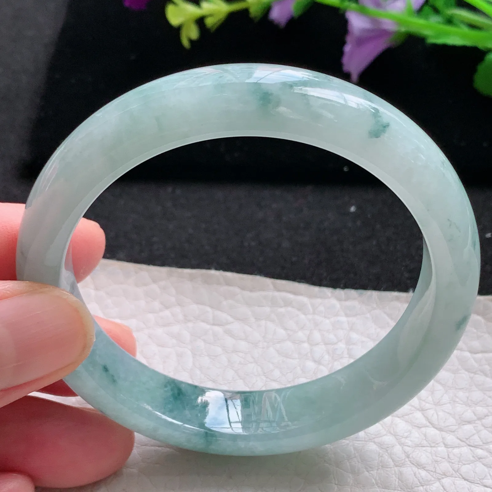 xx自然光56*13*7.7平安镯 缅甸翡翠a货玉手镯冰飘花厚装宽边玉手环