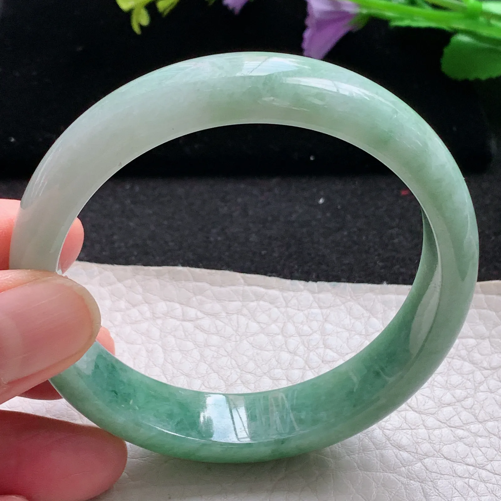 xx自然光57.5*14*7.2平安镯 缅甸翡翠a货玉手镯飘绿宽边玉手环