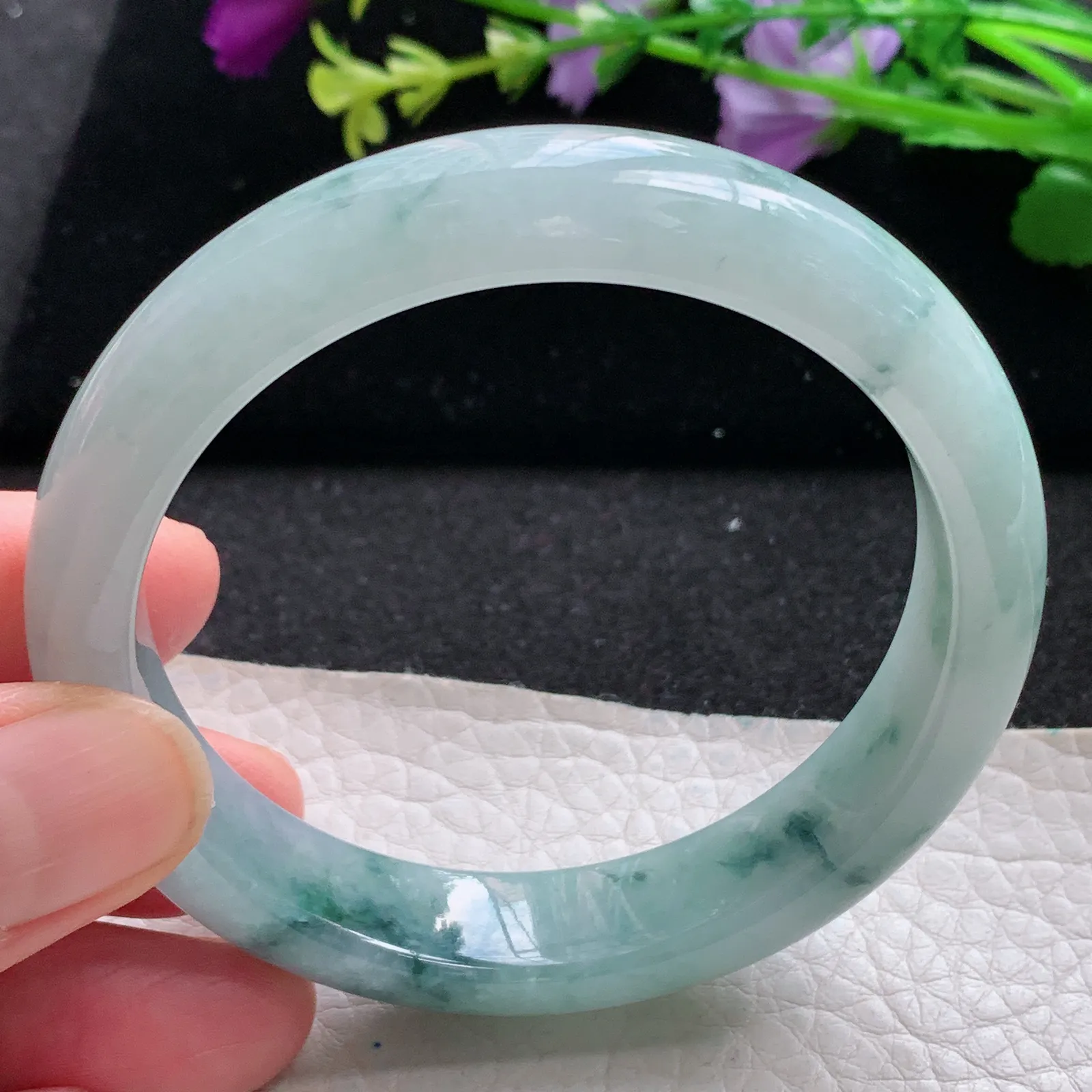 xx自然光56*13*7.7平安镯 缅甸翡翠a货玉手镯冰飘花厚装宽边玉手环