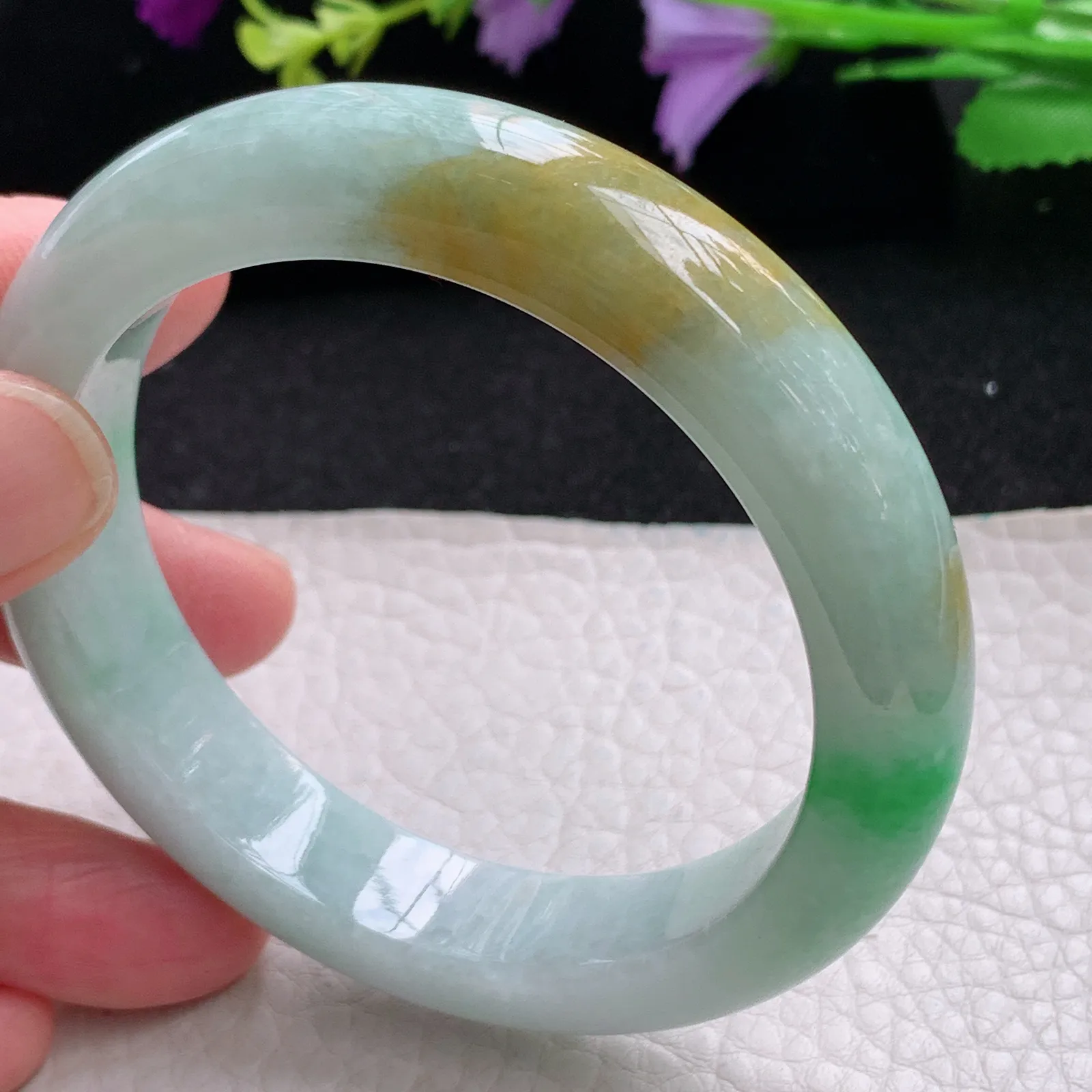 mq自然光56*12.8*8.8平安镯 缅甸翡翠玉手镯水润三彩厚装玉手环
