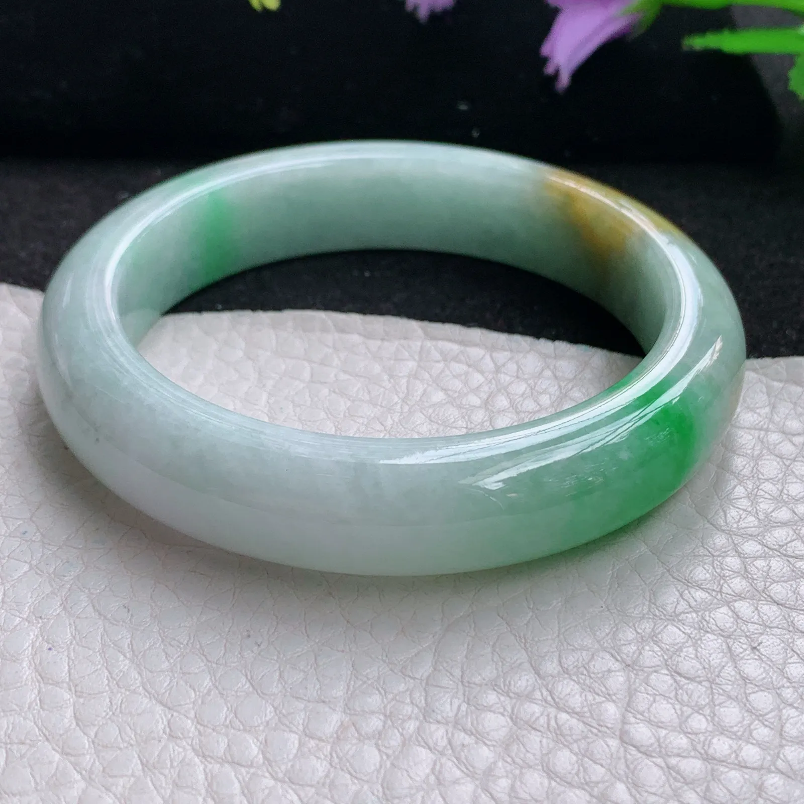 mq自然光56*12.8*8.8平安镯 缅甸翡翠玉手镯水润三彩厚装玉手环