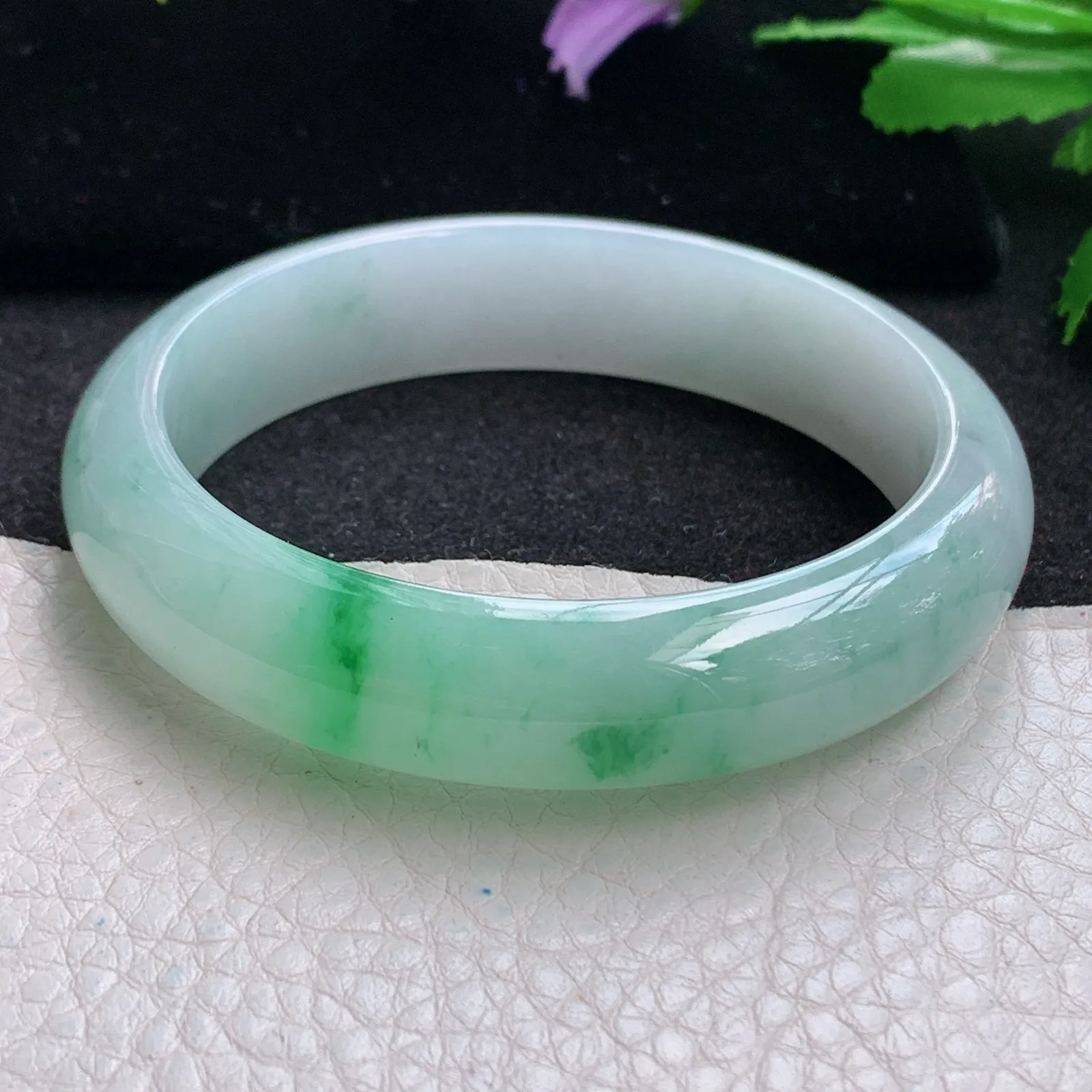 xh自然光56.5*13.5*7.7平安镯 缅甸翡翠a货玉手镯冰飘绿花水灵宽边玉手环