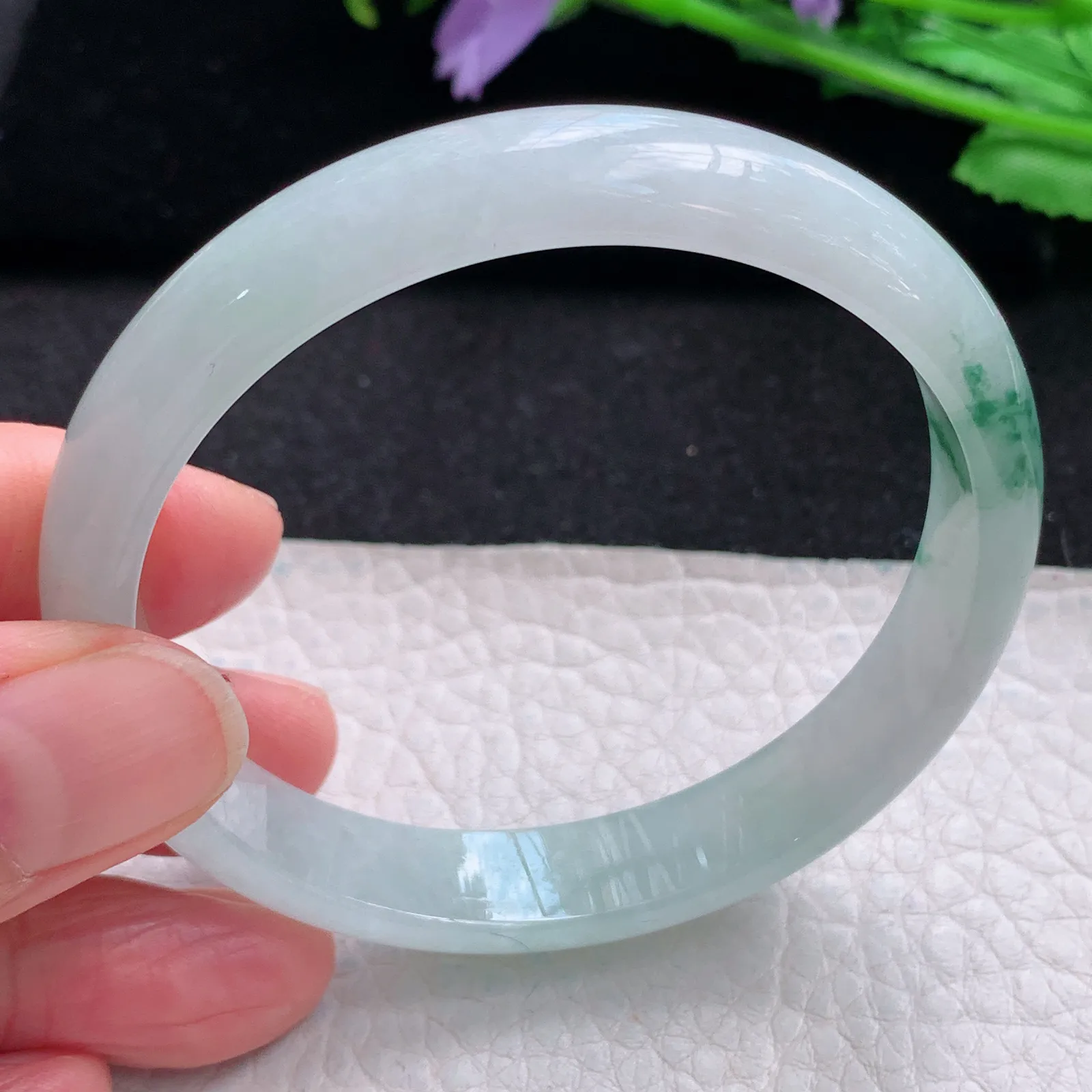 xh自然光56.5*11*6.3平安镯 缅甸翡翠a货玉手镯冰飘花秀气宽边玉手环