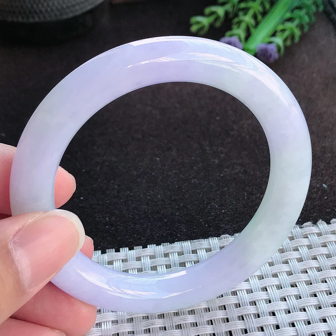 天然a货翡翠54.5/9.9老坑冰润水灵紫罗兰圆条手镯玉手镯