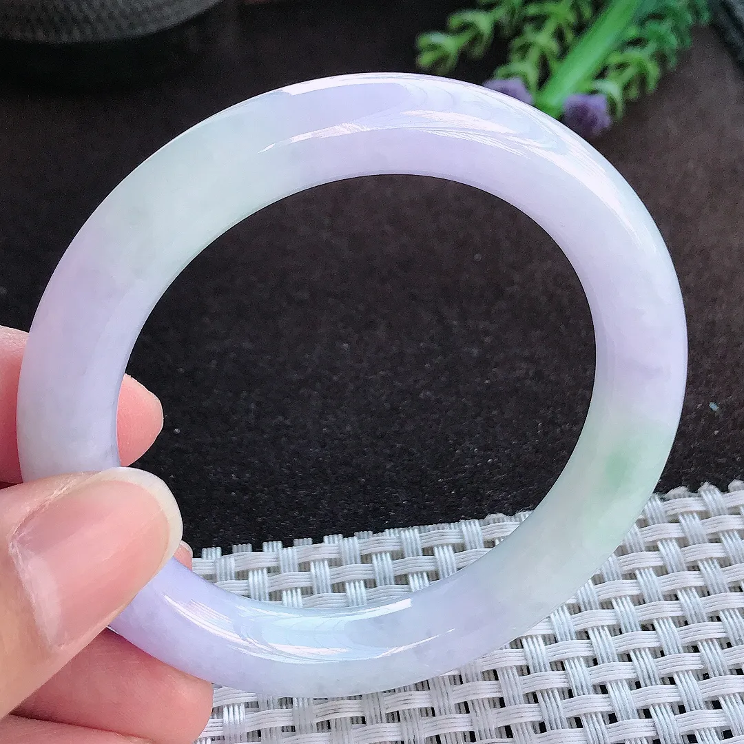 天然a货翡翠54.5/9.9老坑冰润水灵紫罗兰圆条手镯玉手镯