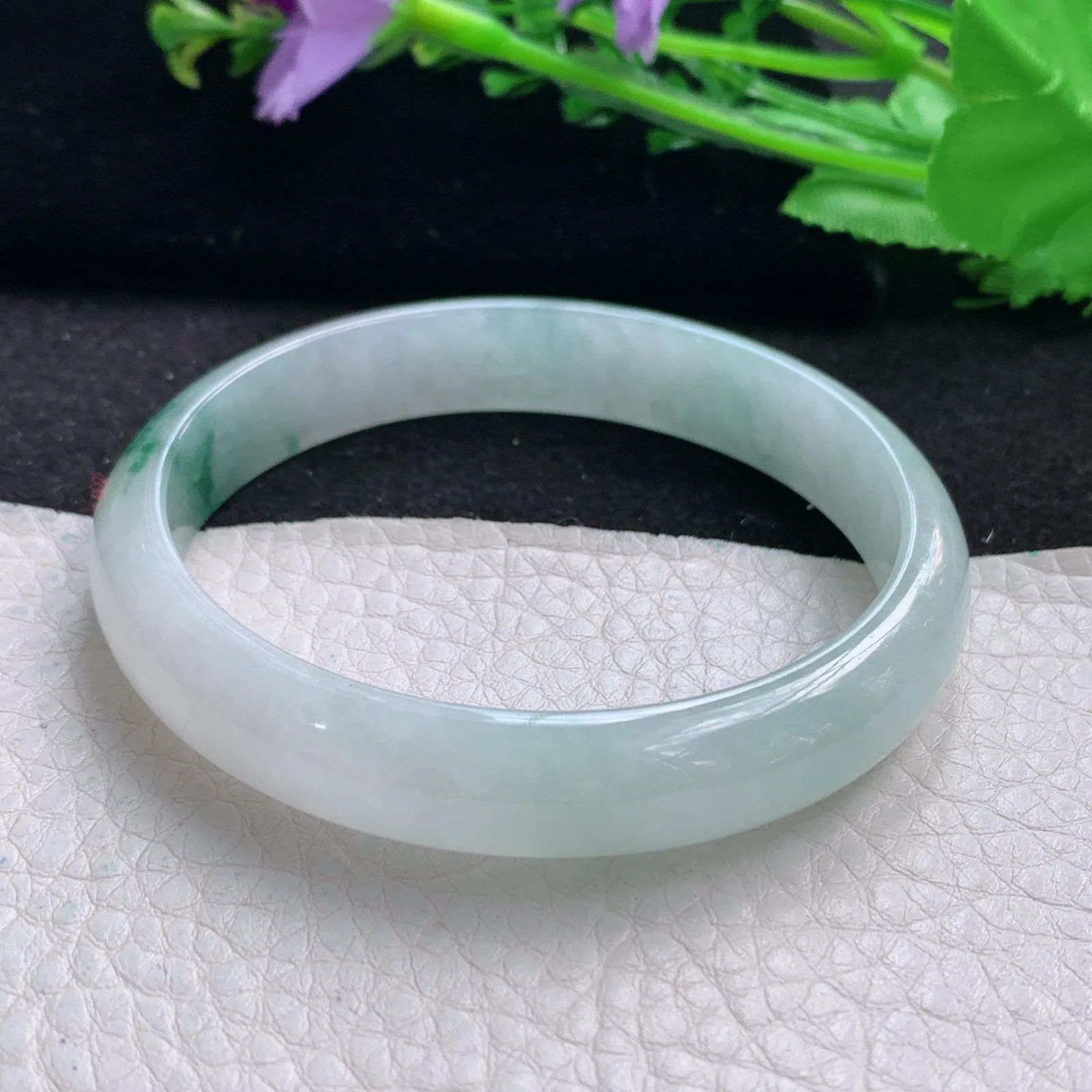 xh自然光56.5*11*6.3平安镯 缅甸翡翠a货玉手镯冰飘花秀气宽边玉手环