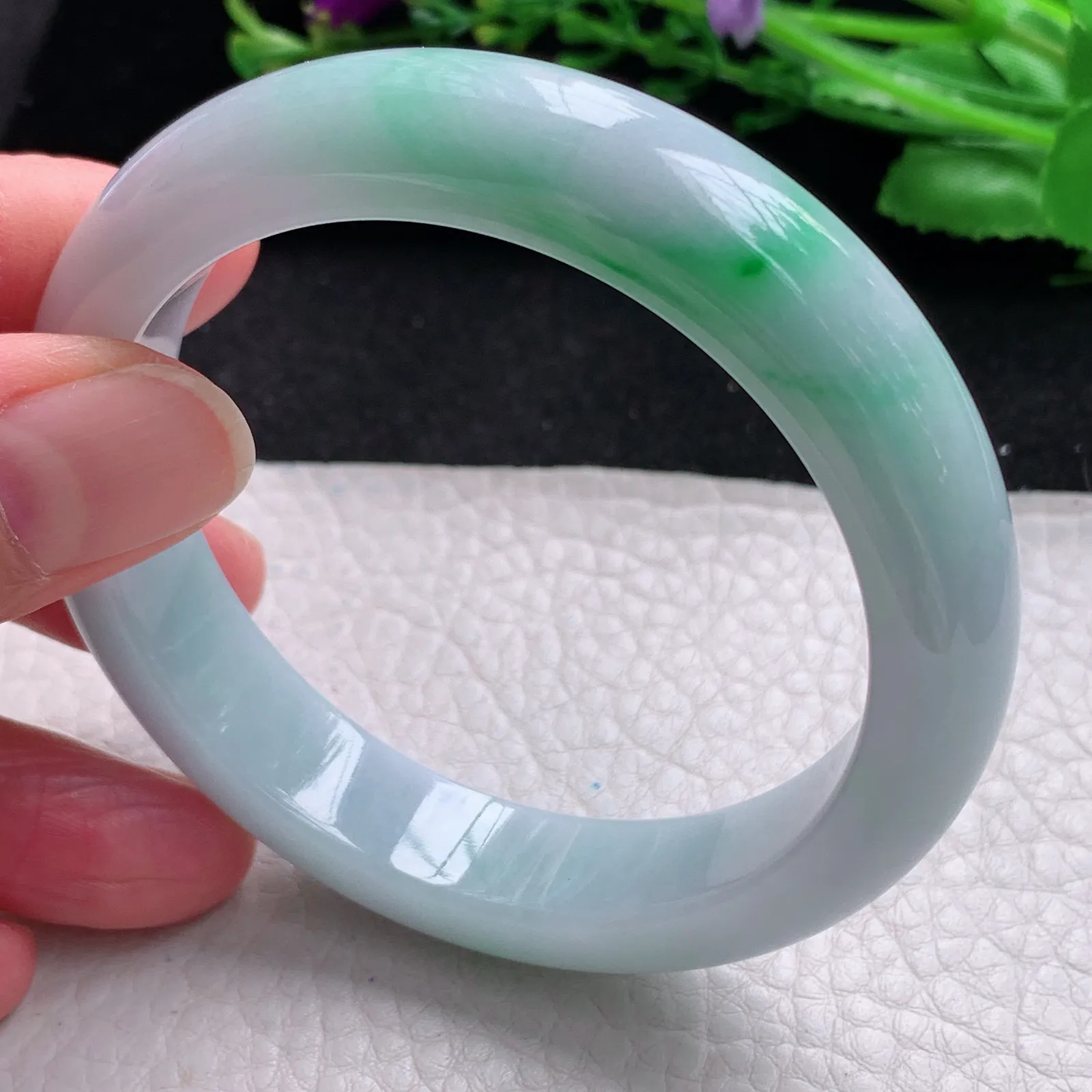 xx自然光56*12.6*8.2平安镯 缅甸翡翠a货玉手镯飘绿花宽边珠宝玉手环