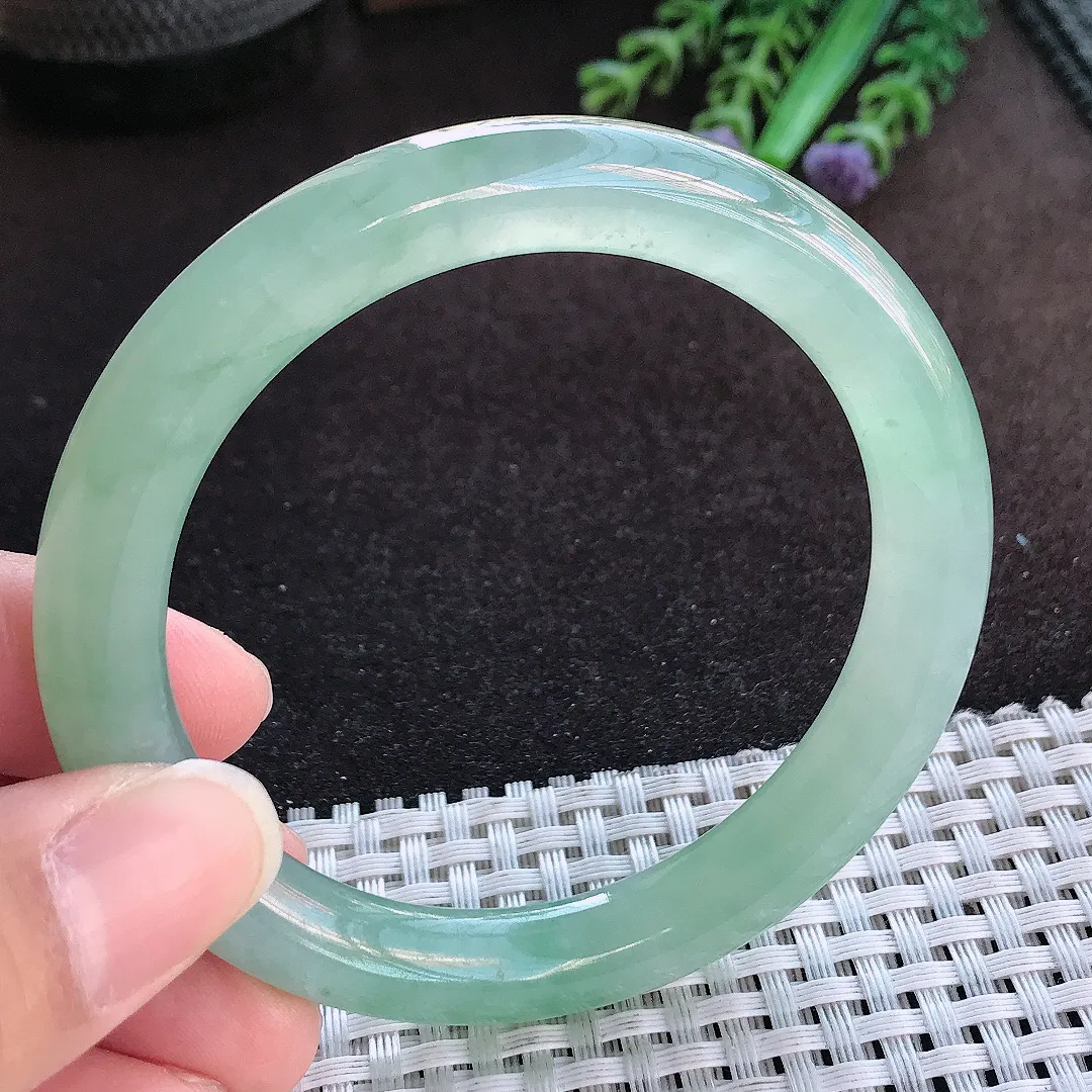 天然a货翡翠56/9.1老坑冰透果冻胶冰晴满绿圆条手镯玉手镯