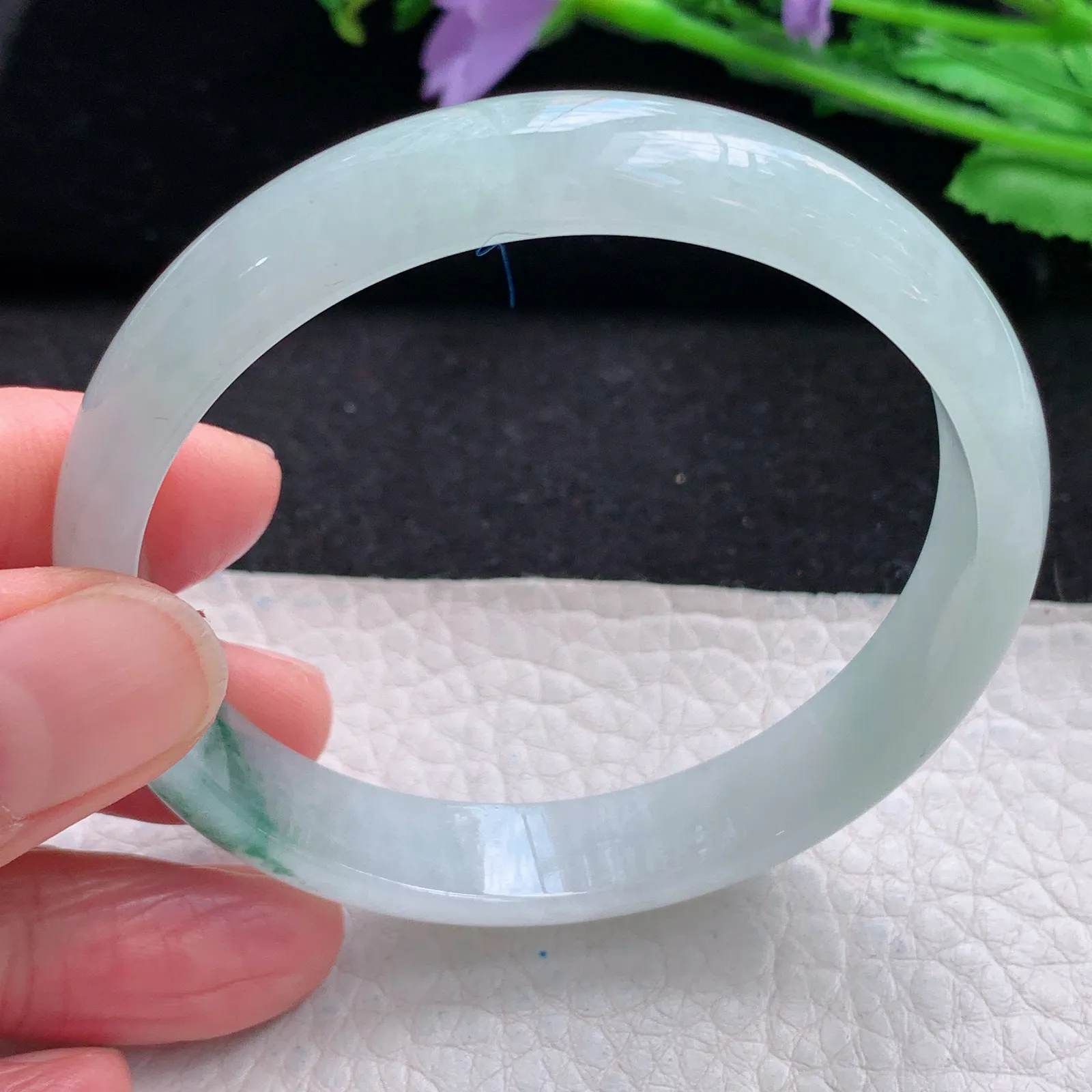 xh自然光56.5*11*6.3平安镯 缅甸翡翠a货玉手镯冰飘花秀气宽边玉手环