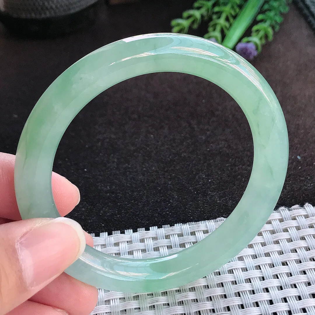 天然a货翡翠56/9.1老坑冰透果冻胶冰晴满绿圆条手镯玉手镯