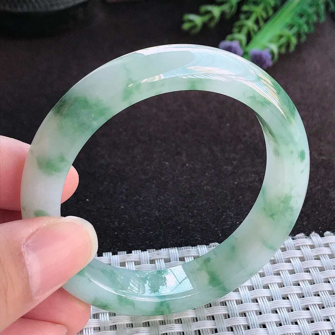 天然a货翡翠53/12.7/8.1老坑冰胶果冻飘花手镯宽边玉手镯