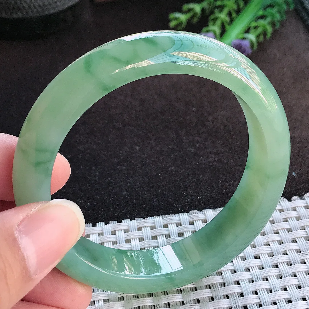 天然a货翡翠56.5/13.7/8.4老坑冰胶果冻飘花满绿手镯宽边玉手镯