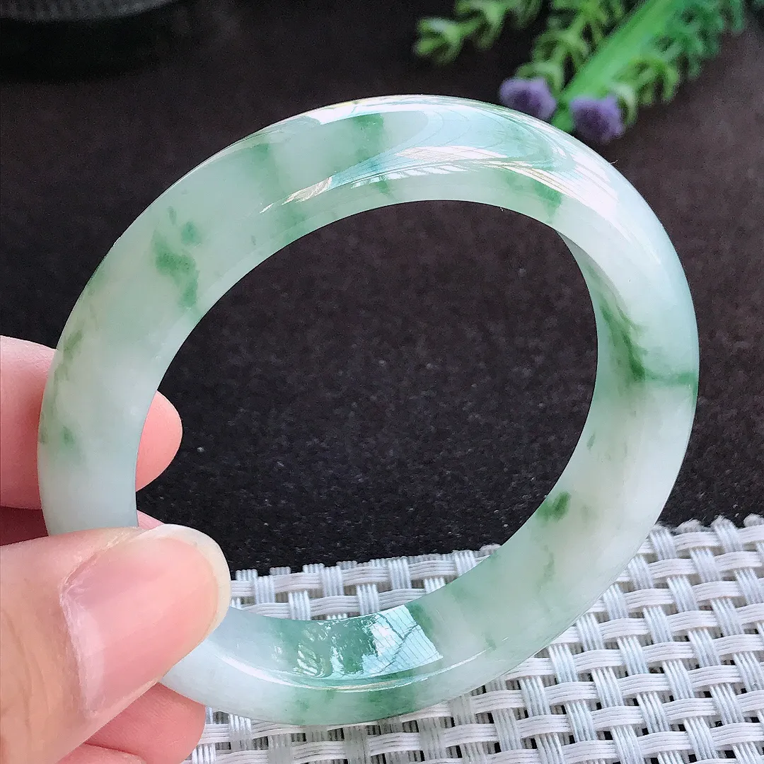 天然a货翡翠53/12.7/8.1老坑冰胶果冻飘花手镯宽边玉手镯