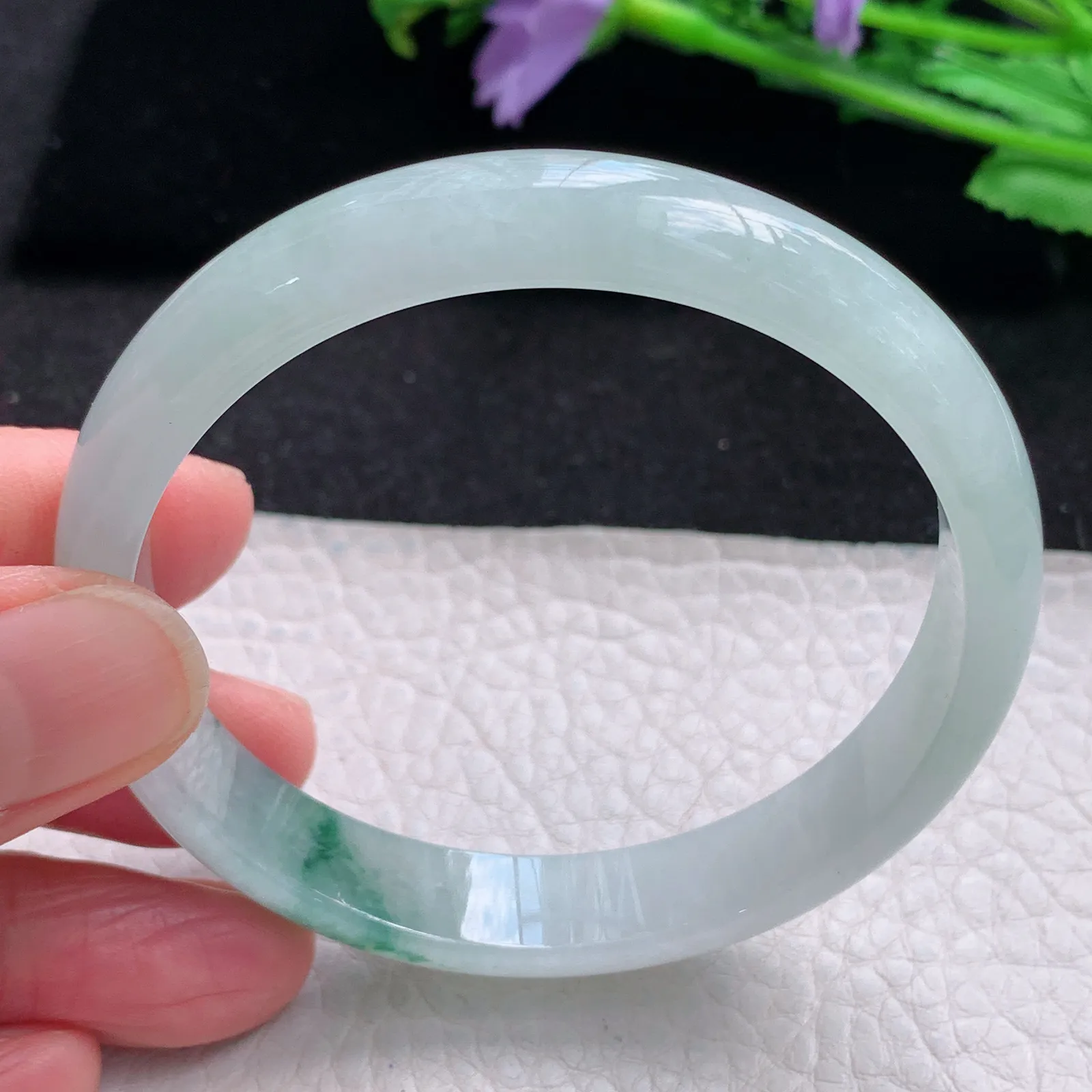 xh自然光56.5*11*6.3平安镯 缅甸翡翠a货玉手镯冰飘花秀气宽边玉手环