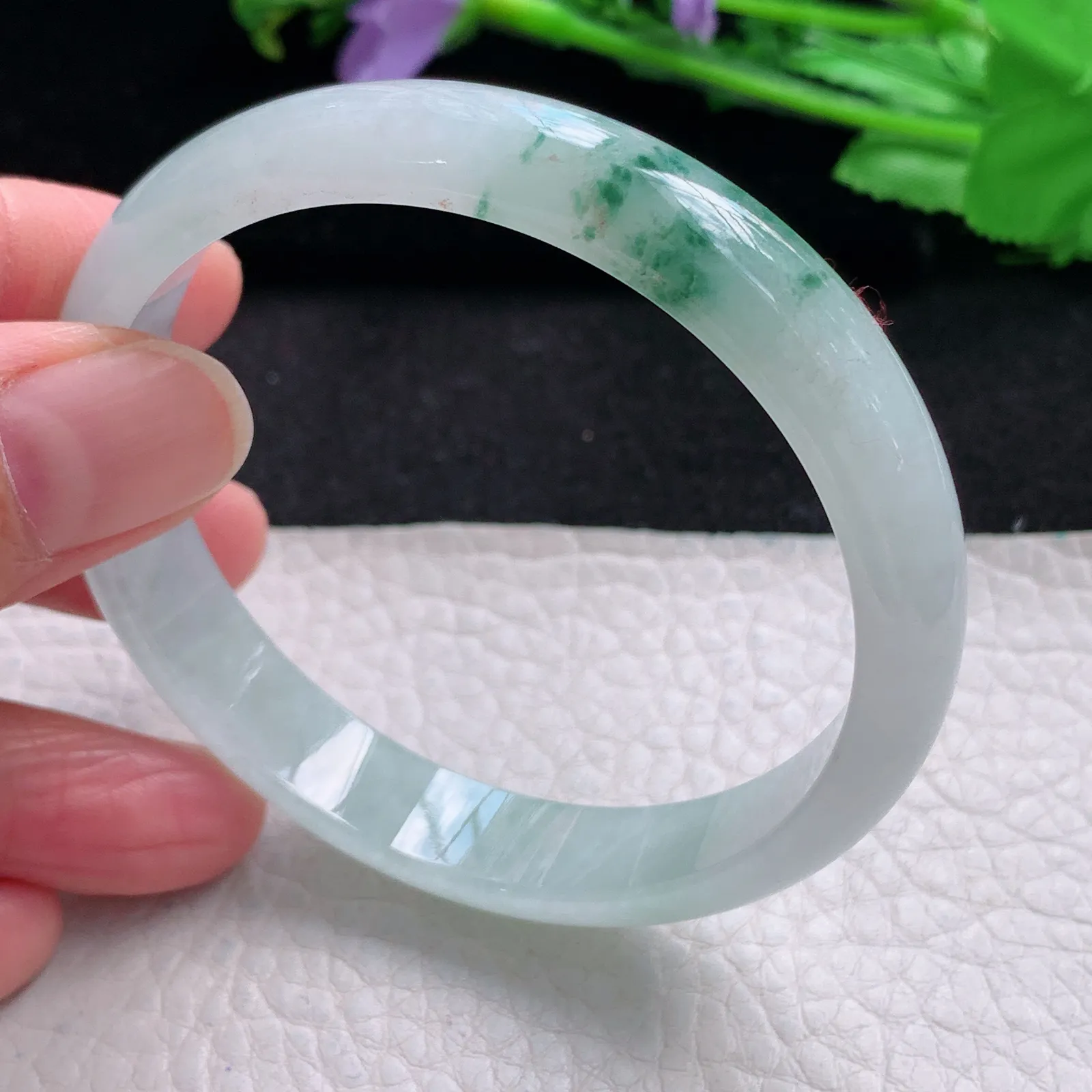 xh自然光56.5*11*6.3平安镯 缅甸翡翠a货玉手镯冰飘花秀气宽边玉手环