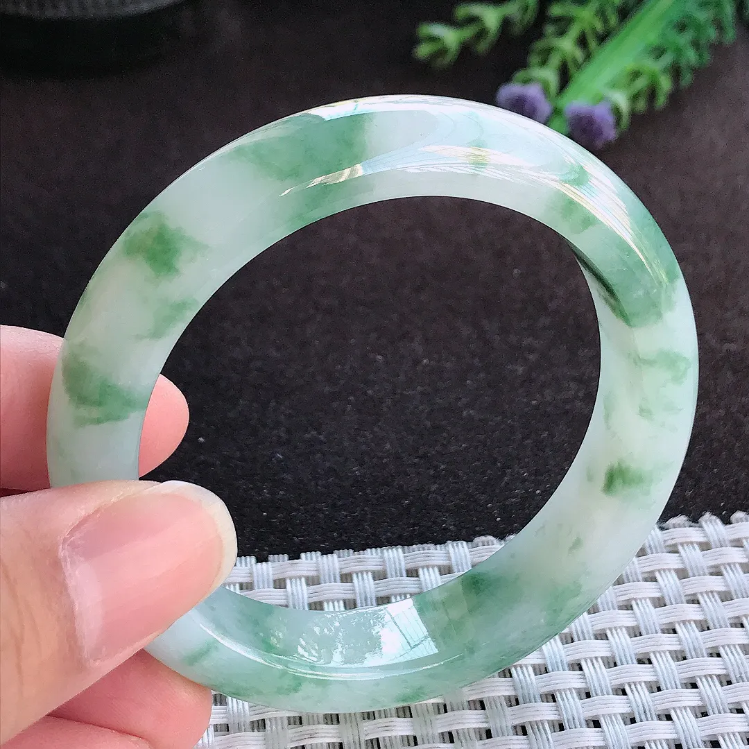 天然a货翡翠53/12.7/8.1老坑冰胶果冻飘花手镯宽边玉手镯