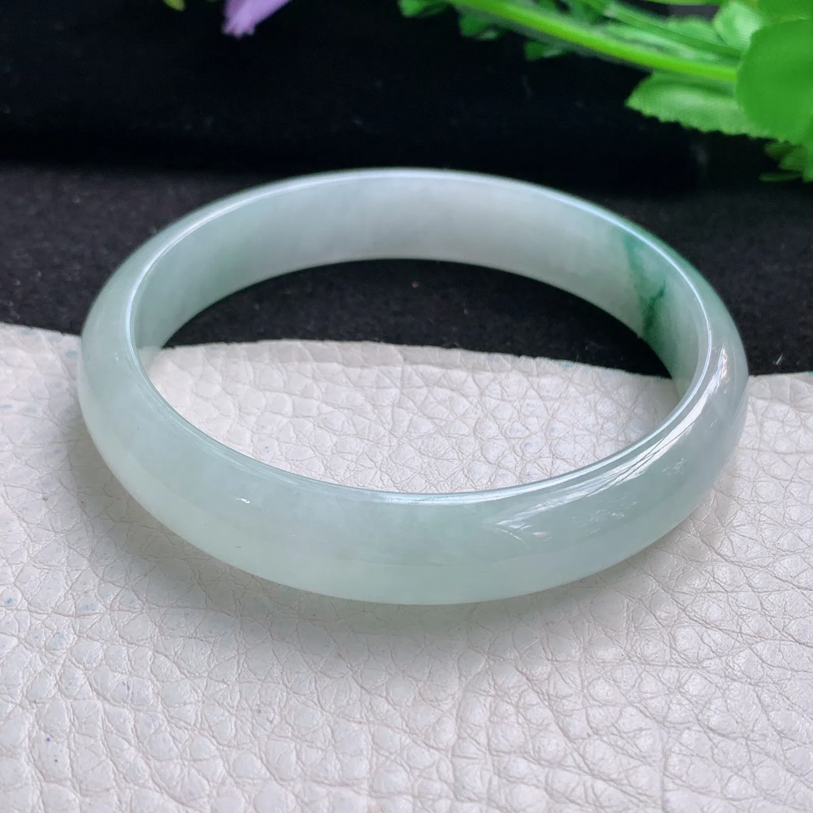 xh自然光56.5*11*6.3平安镯 缅甸翡翠a货玉手镯冰飘花秀气宽边玉手环