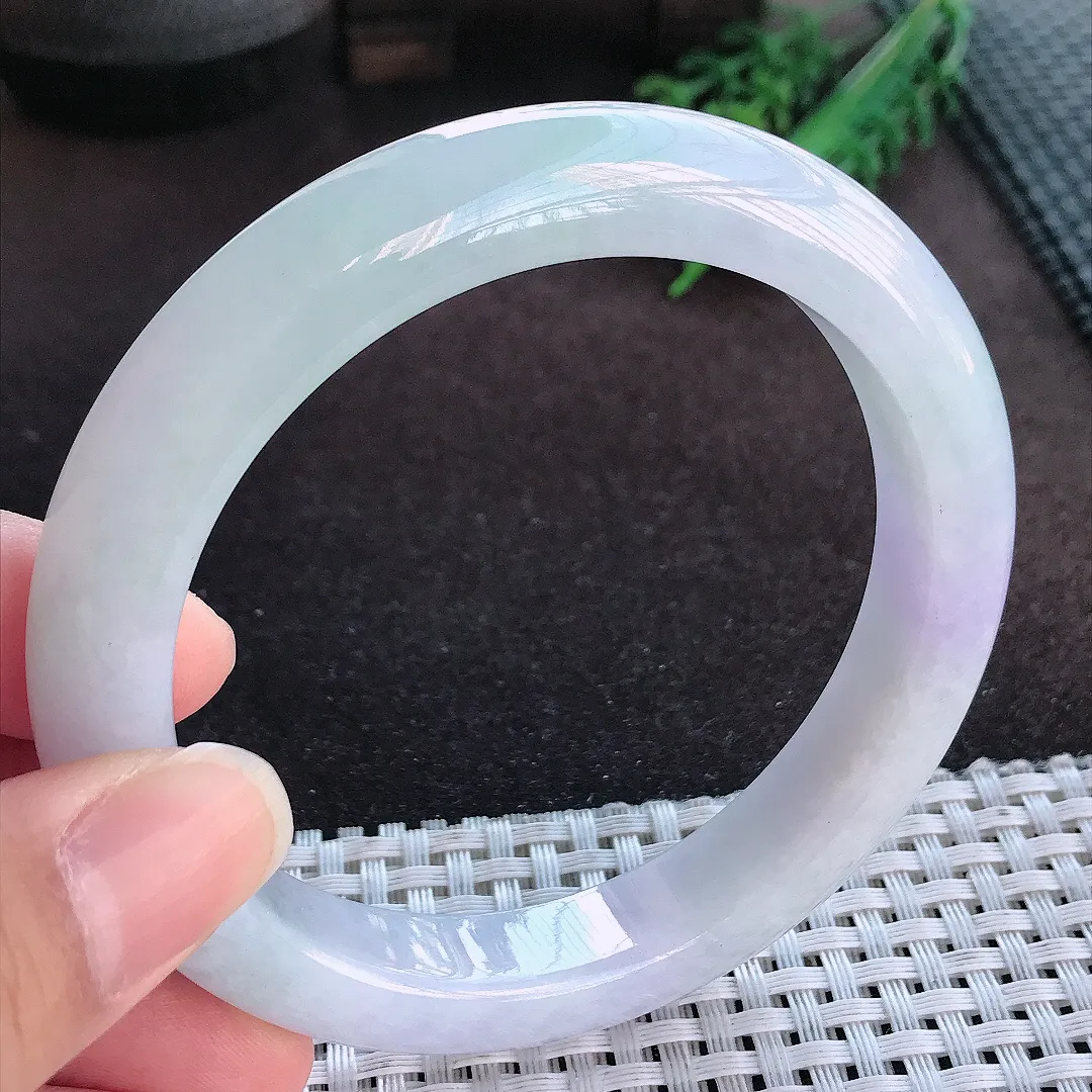天然a货翡翠62.5/12.1/9.6老坑秀气冰润紫罗兰手镯大圈口宽边玉手镯