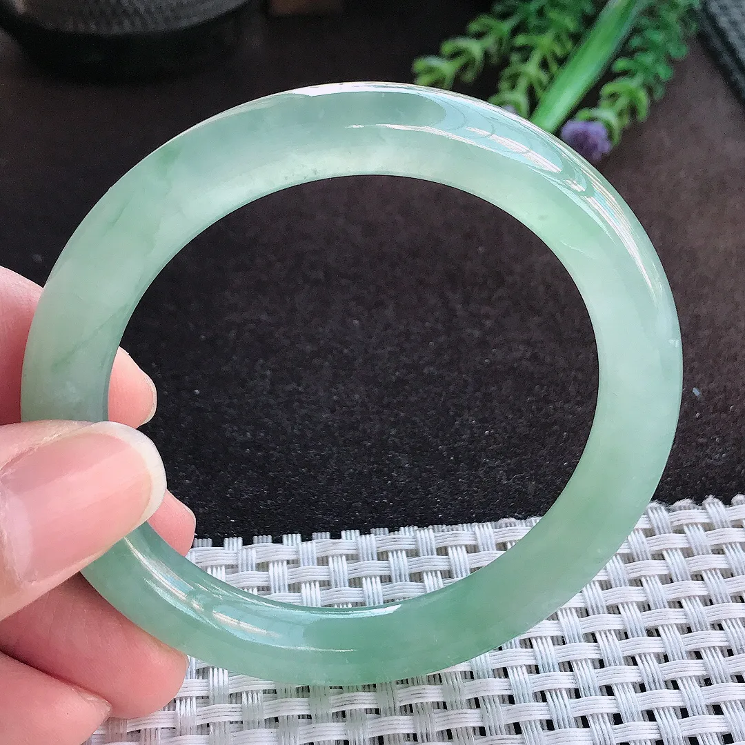 天然a货翡翠56/9.1老坑冰透果冻胶冰晴满绿圆条手镯玉手镯