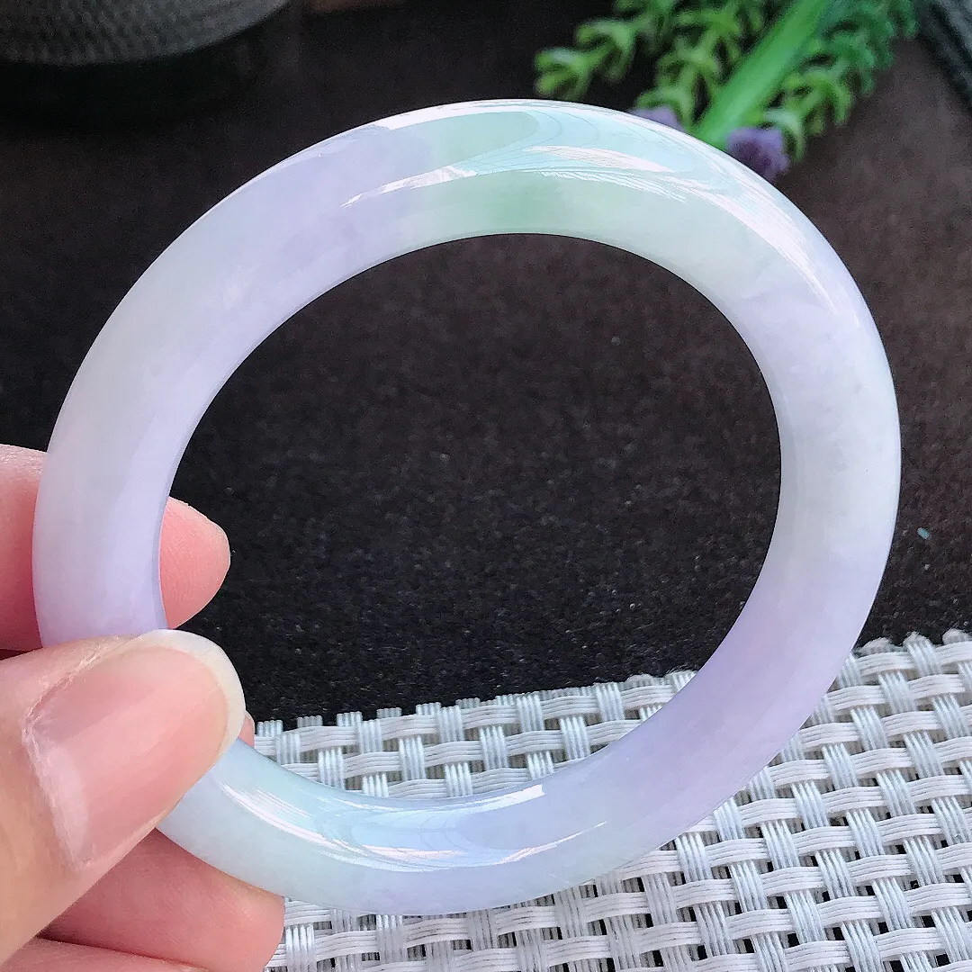 天然a货翡翠54.5/9.9老坑冰润水灵紫罗兰圆条手镯玉手镯
