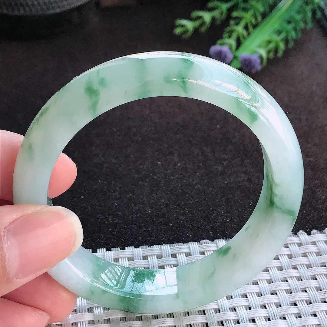 天然a货翡翠53/12.7/8.1老坑冰胶果冻飘花手镯宽边玉手镯