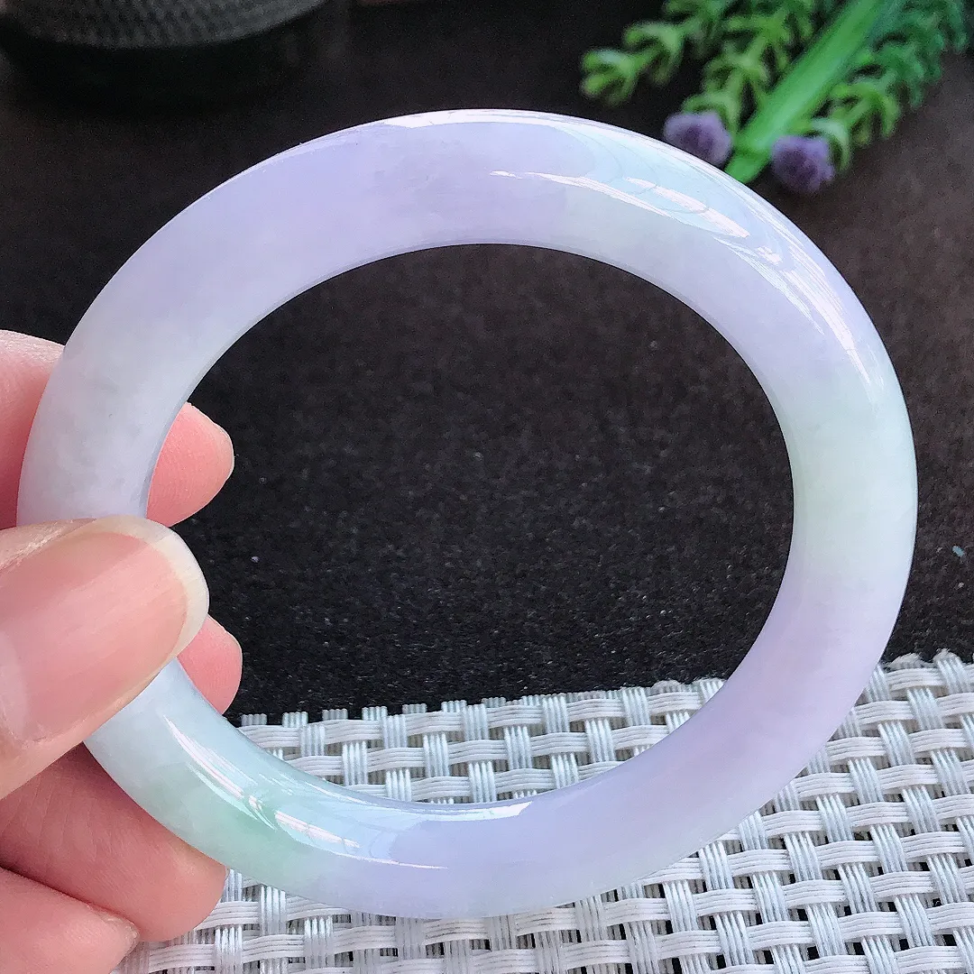 天然a货翡翠54.5/9.9老坑冰润水灵紫罗兰圆条手镯玉手镯