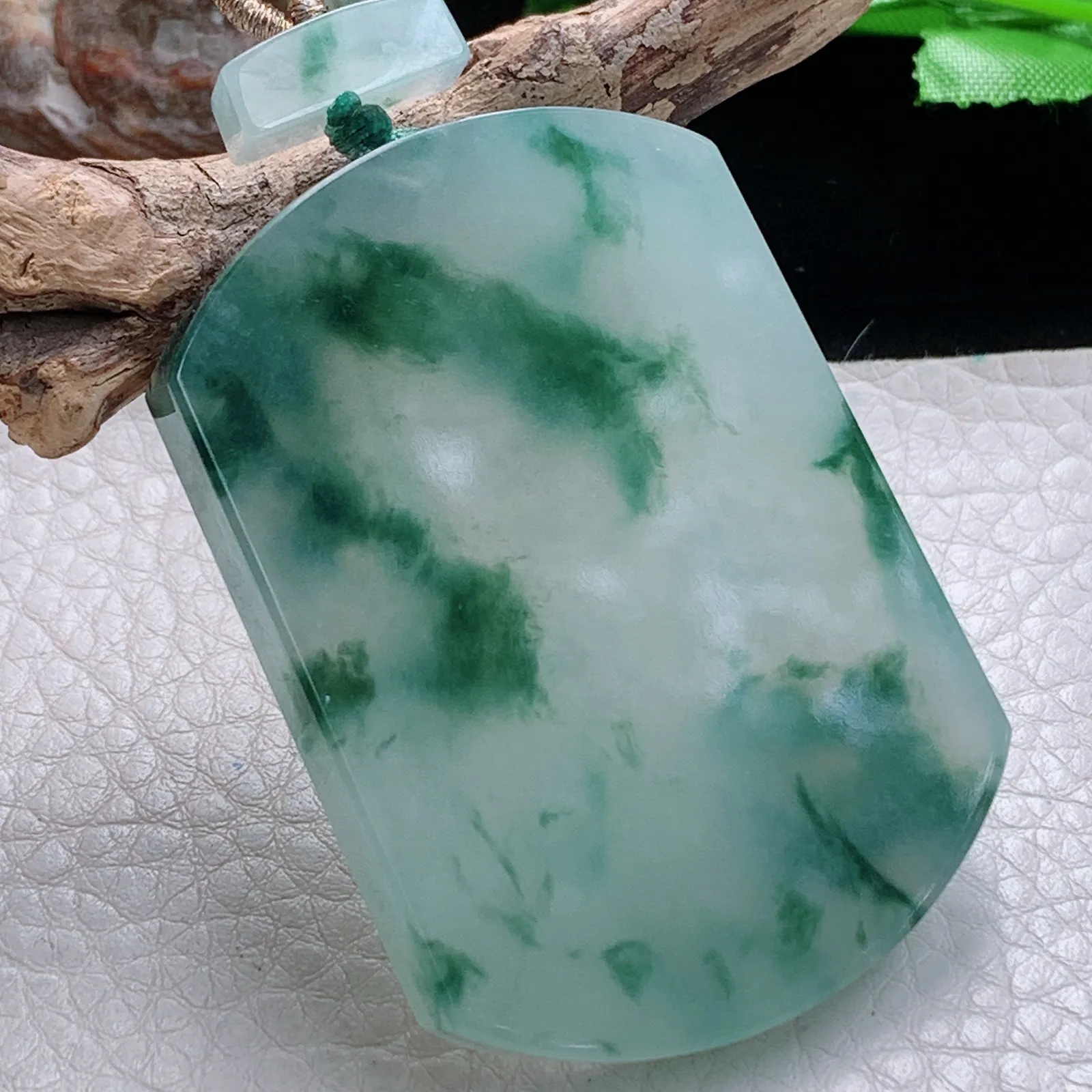 zzx自然光55*39.8*6天然缅甸翡翠冰飘花平安无事牌玉吊坠 玉挂件