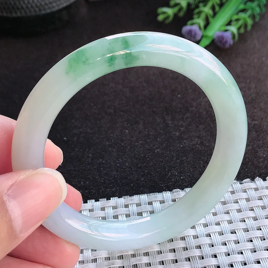 天然a货翡翠52/9老坑精美冰润飘花圆条手镯小圈口玉手镯