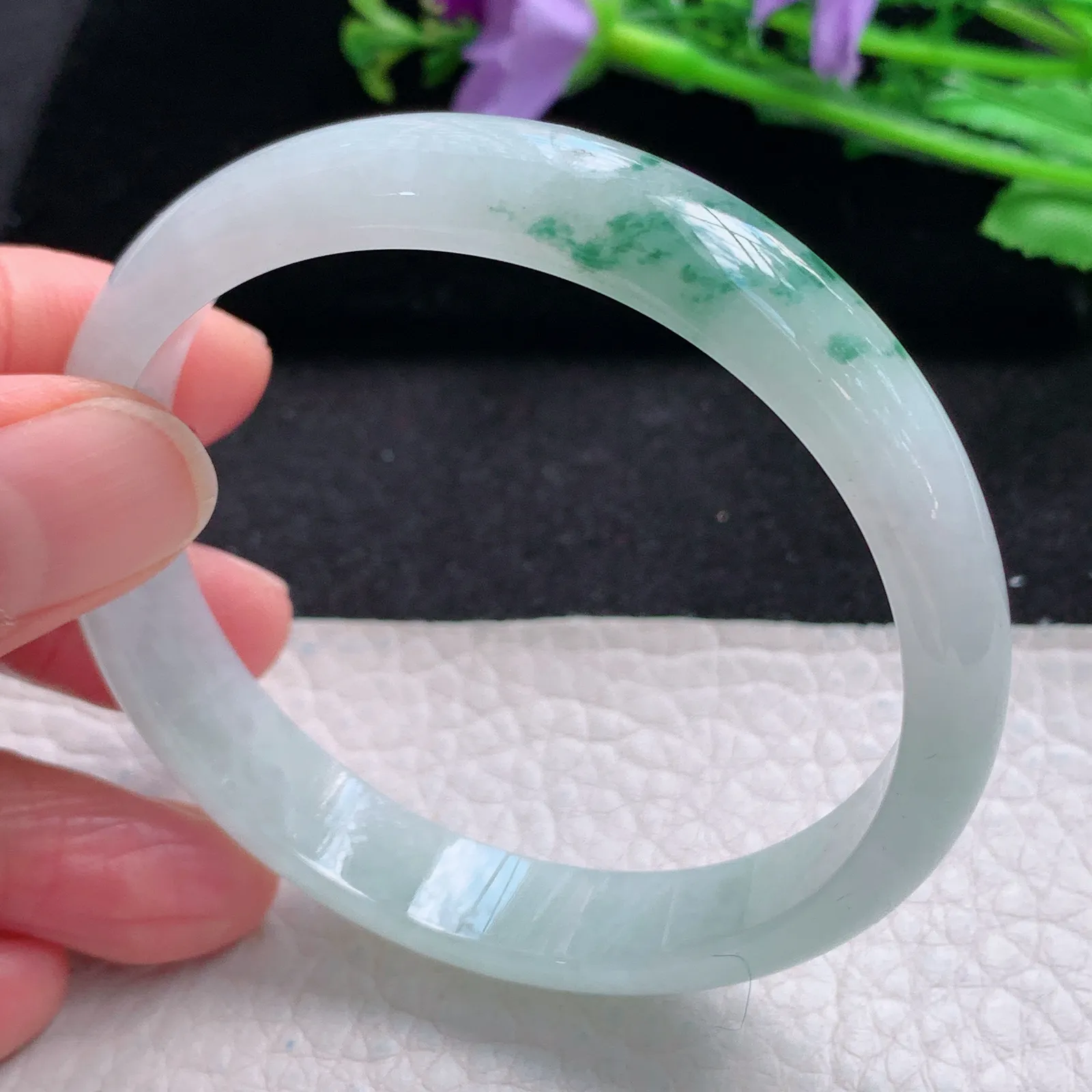 xh自然光56.5*11*6.3平安镯 缅甸翡翠a货玉手镯冰飘花秀气宽边玉手环