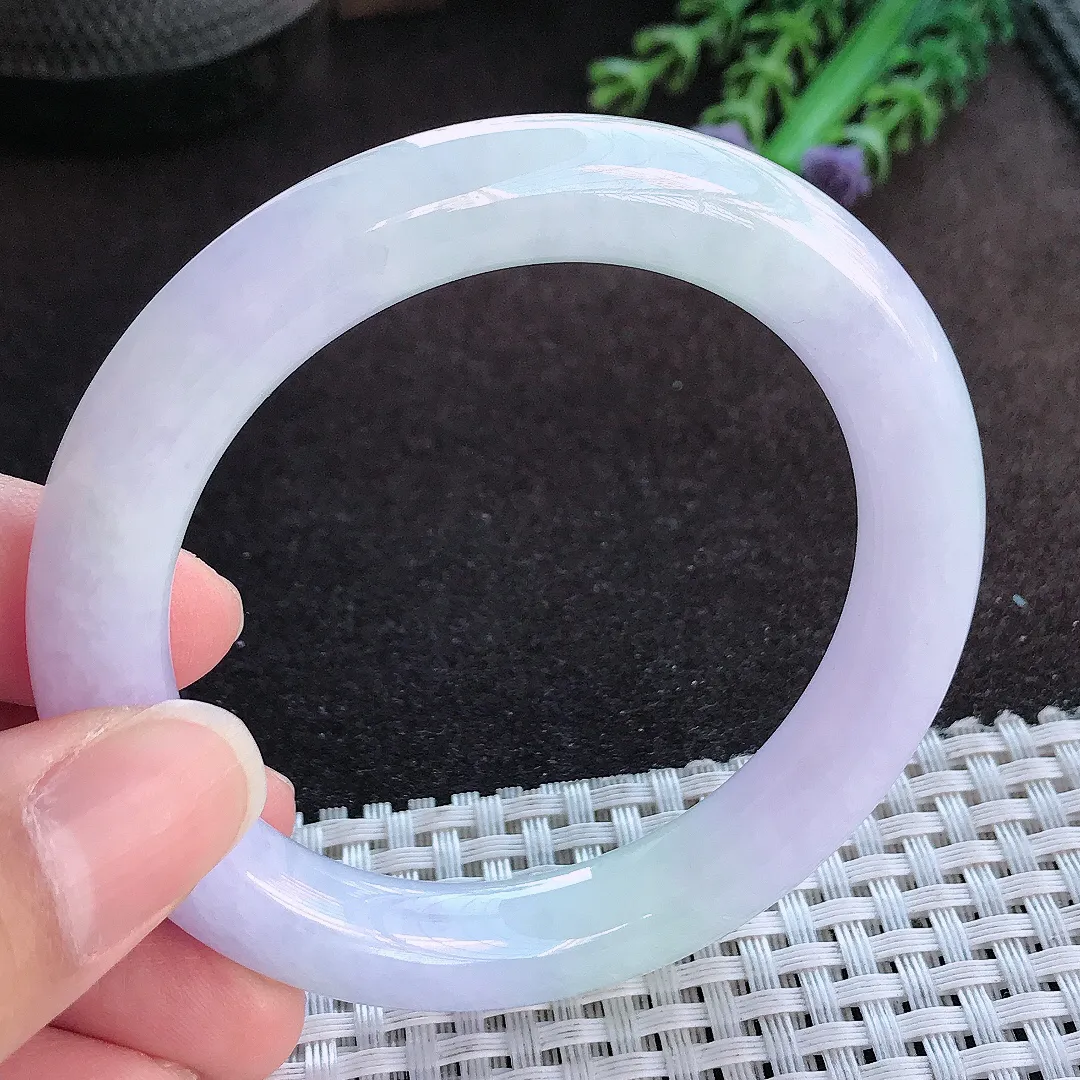 天然a货翡翠54.5/9.9老坑冰润水灵紫罗兰圆条手镯玉手镯