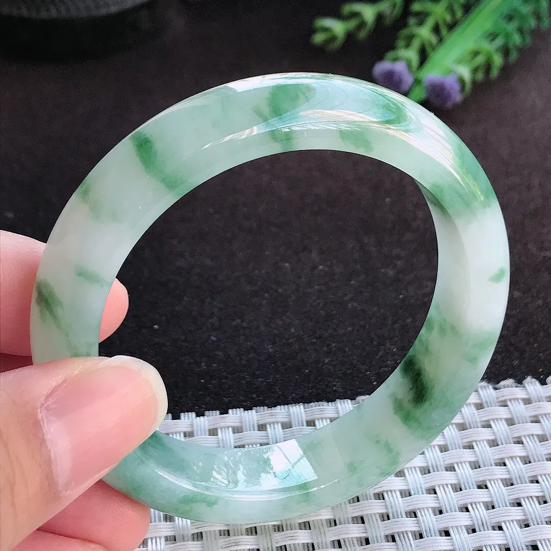 天然a货翡翠53/12.7/8.1老坑冰胶果冻飘花手镯宽边玉手镯