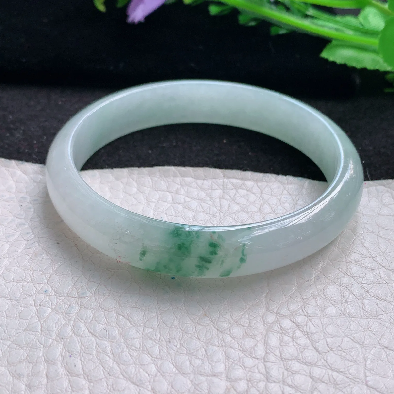 xh自然光56.5*11*6.3平安镯 缅甸翡翠a货玉手镯冰飘花秀气宽边玉手环