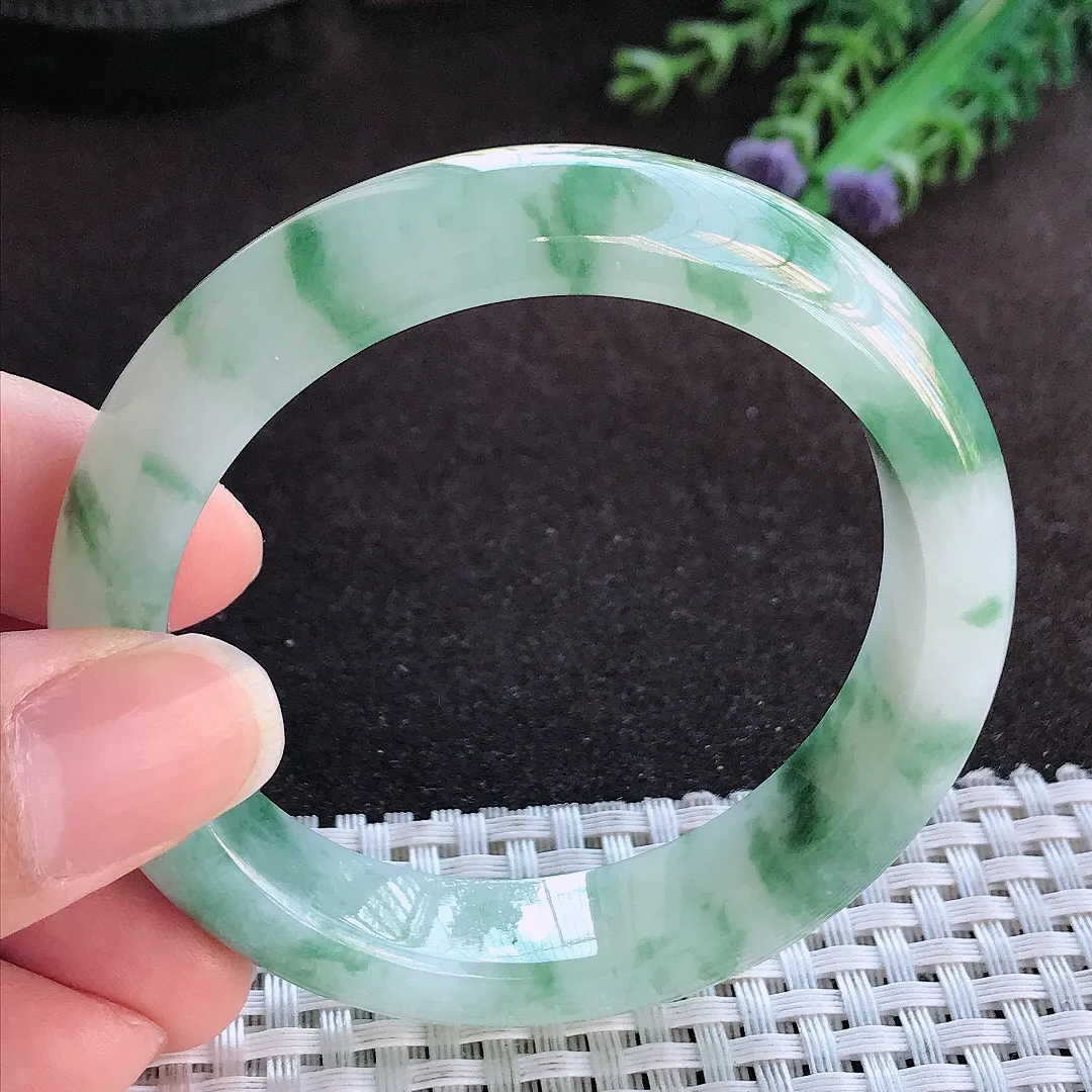 天然a货翡翠53/12.7/8.1老坑冰胶果冻飘花手镯宽边玉手镯