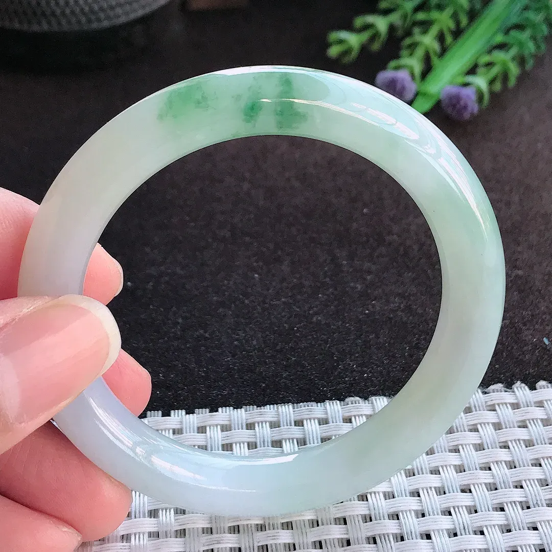 天然a货翡翠52/9老坑精美冰润飘花圆条手镯小圈口玉手镯
