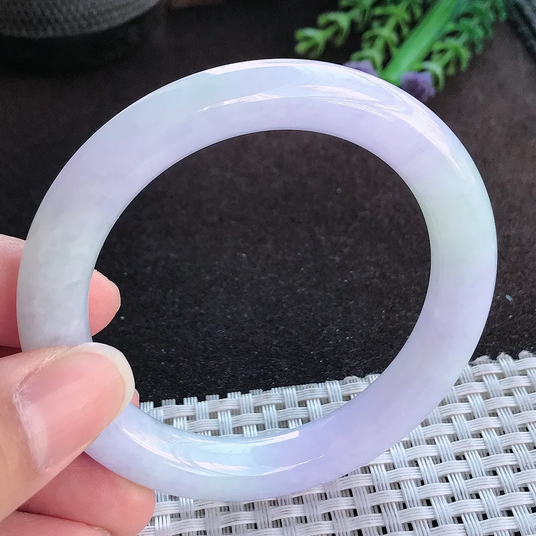 天然a货翡翠54.5/9.9老坑冰润水灵紫罗兰圆条手镯玉手镯