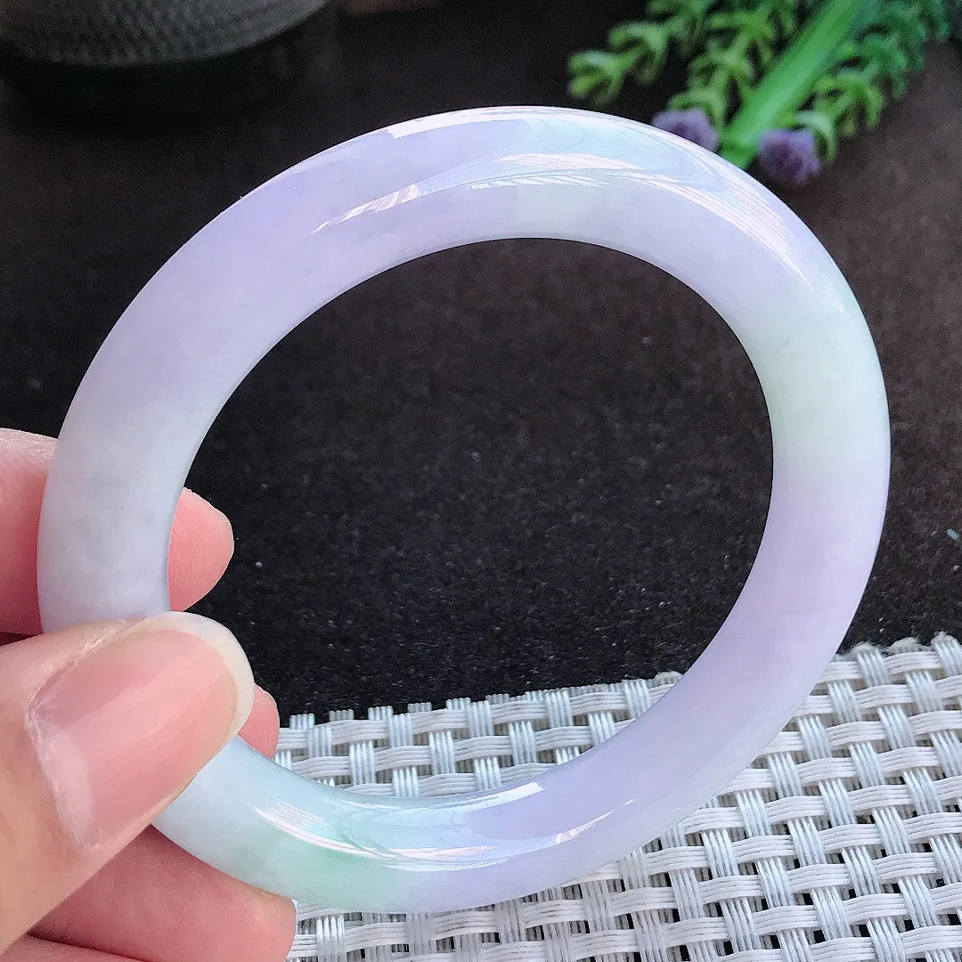 天然a货翡翠54.5/9.9老坑冰润水灵紫罗兰圆条手镯玉手镯
