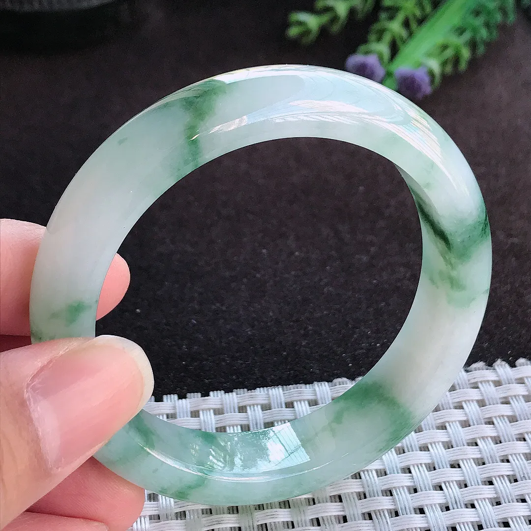 天然a货翡翠53/12.7/8.1老坑冰胶果冻飘花手镯宽边玉手镯