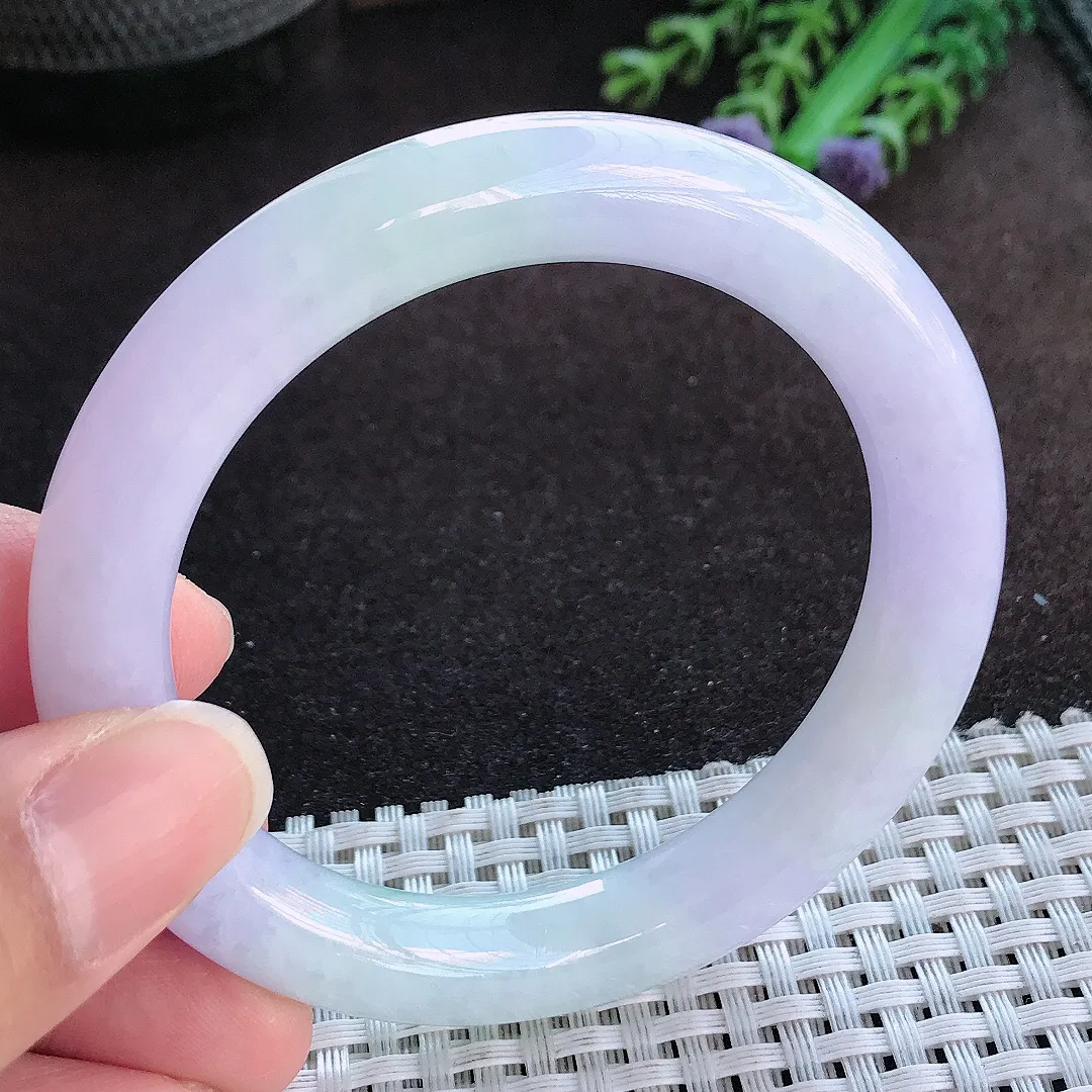天然a货翡翠54.5/9.9老坑冰润水灵紫罗兰圆条手镯玉手镯