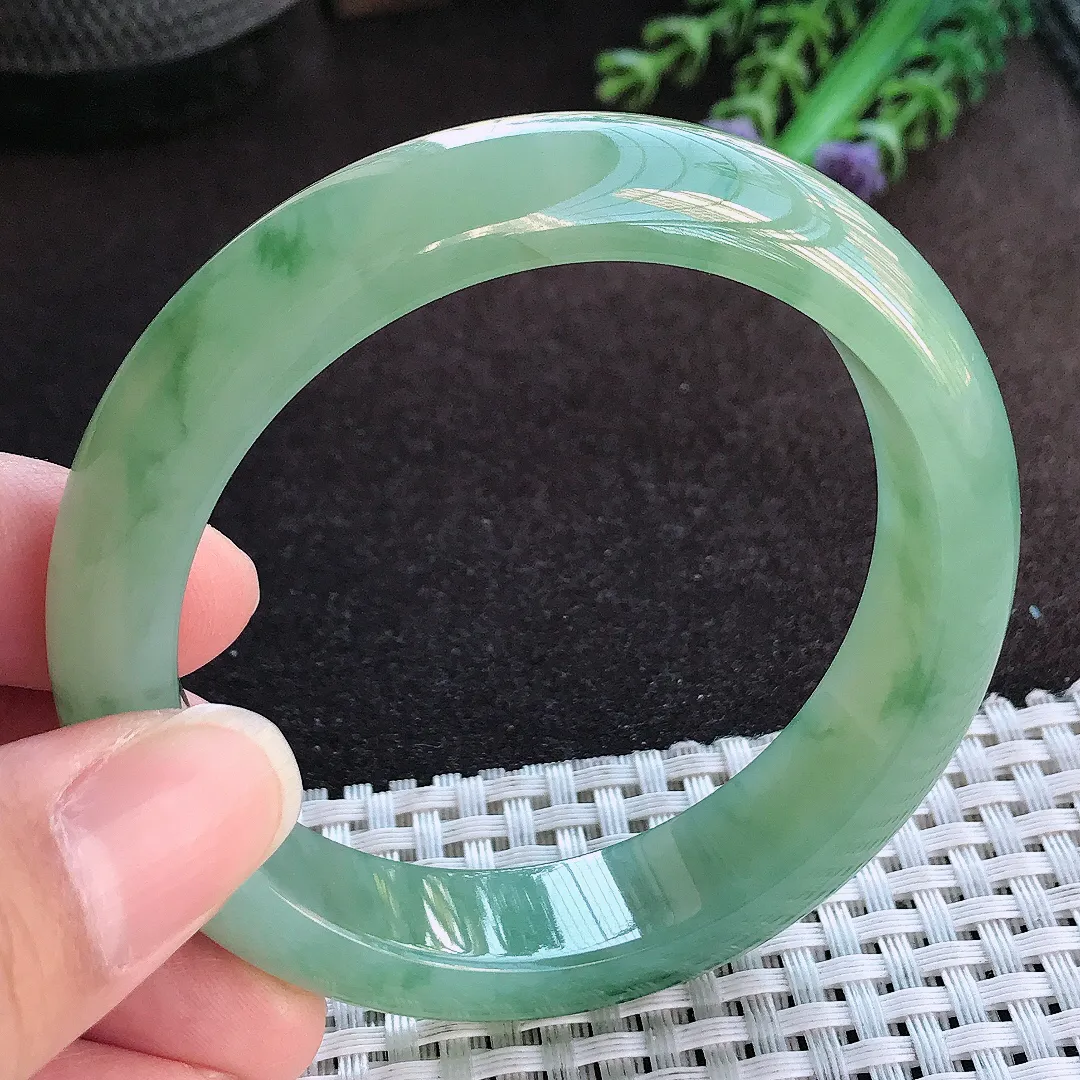 天然a货翡翠56.5/13.7/8.4老坑冰胶果冻飘花满绿手镯宽边玉手镯