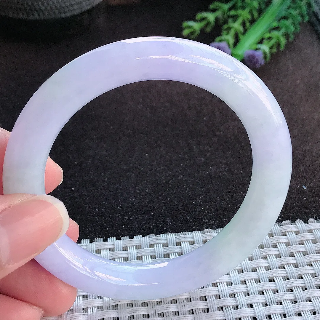 天然a货翡翠54.5/9.9老坑冰润水灵紫罗兰圆条手镯玉手镯