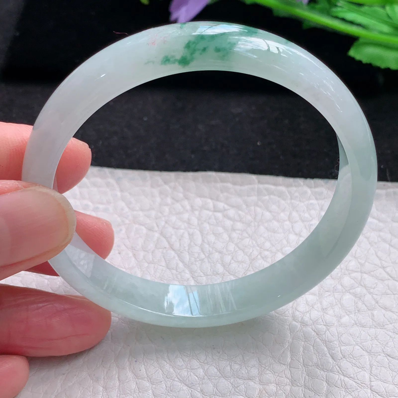 xh自然光56.5*11*6.3平安镯 缅甸翡翠a货玉手镯冰飘花秀气宽边玉手环