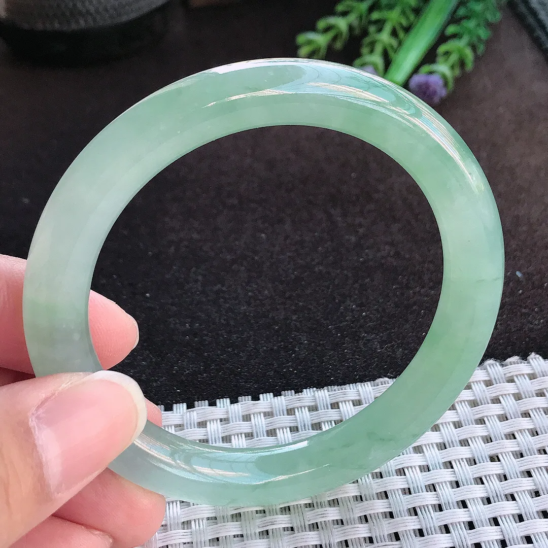 天然a货翡翠56/9.1老坑冰透果冻胶冰晴满绿圆条手镯玉手镯