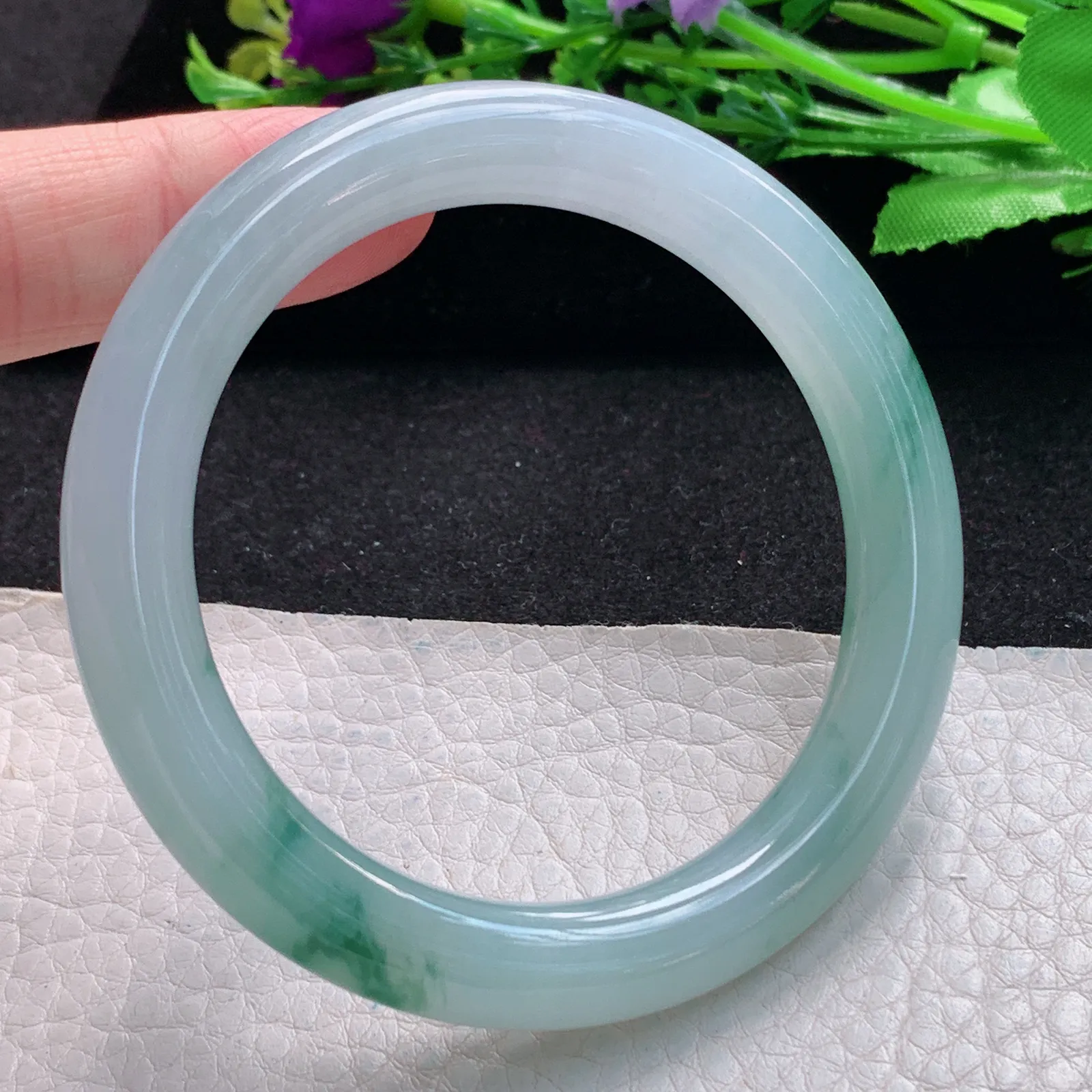 r自然光54.5*9.3美人镯 缅甸翡翠a货玉手镯冰飘花珠宝玉手环 叮当镯