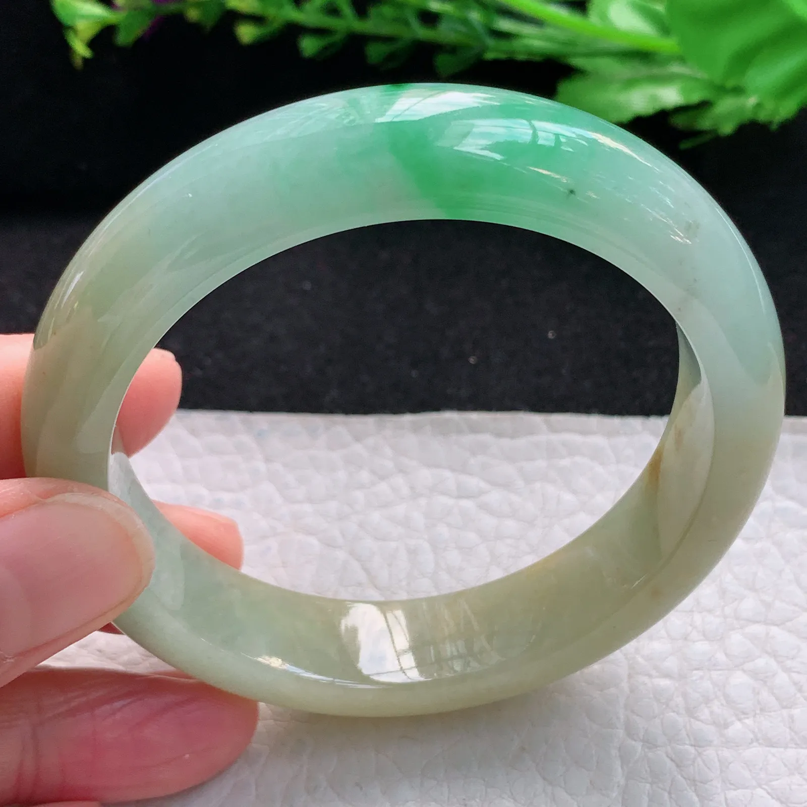 h自然光55.5*13.5*8.5平安镯 缅甸翡翠a货玉手镯水润三彩宽边珠宝玉手环